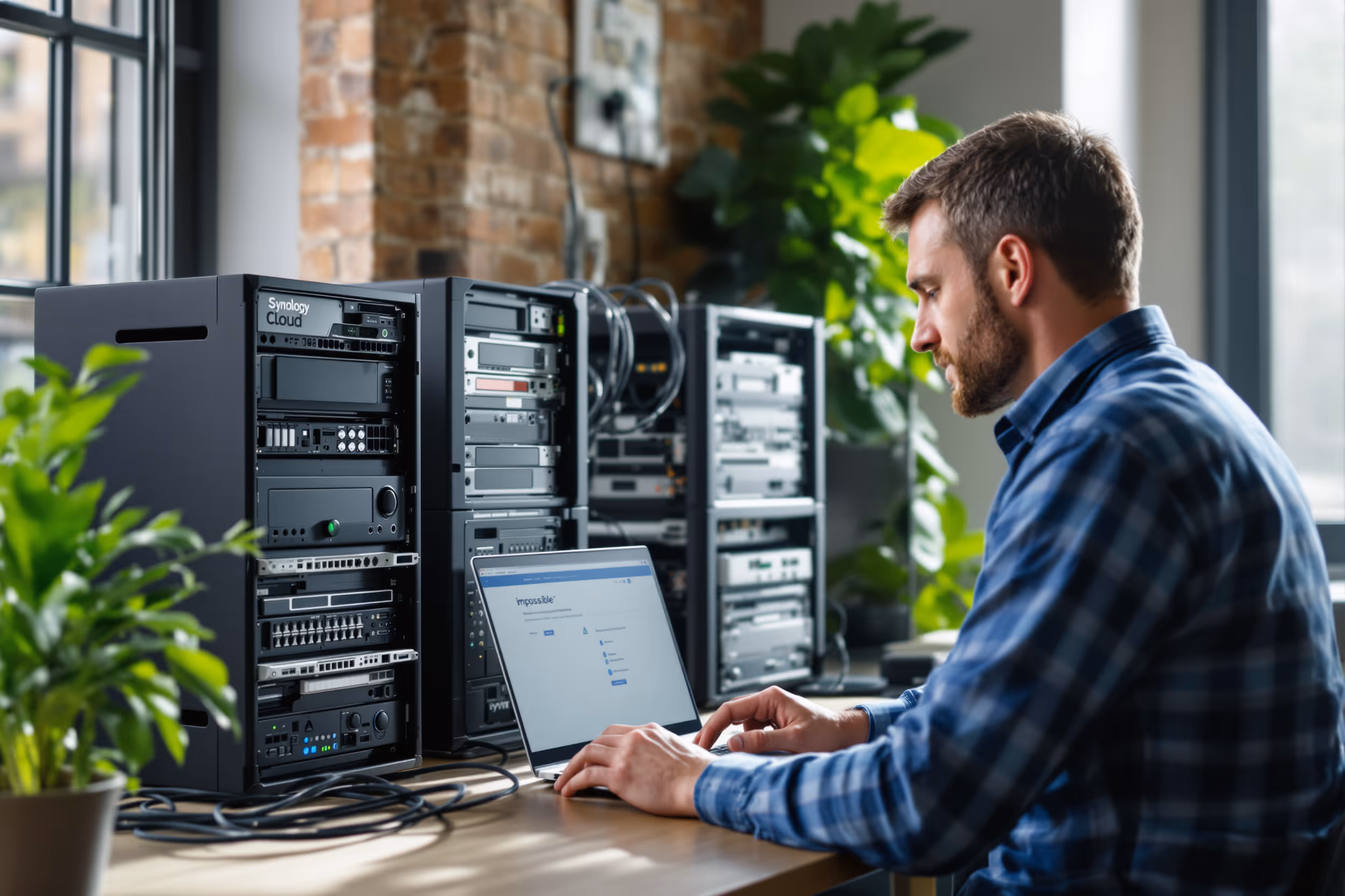 IT technician configuring Synology NAS with Impossible Cloud S3 compatible storage in a UK office.