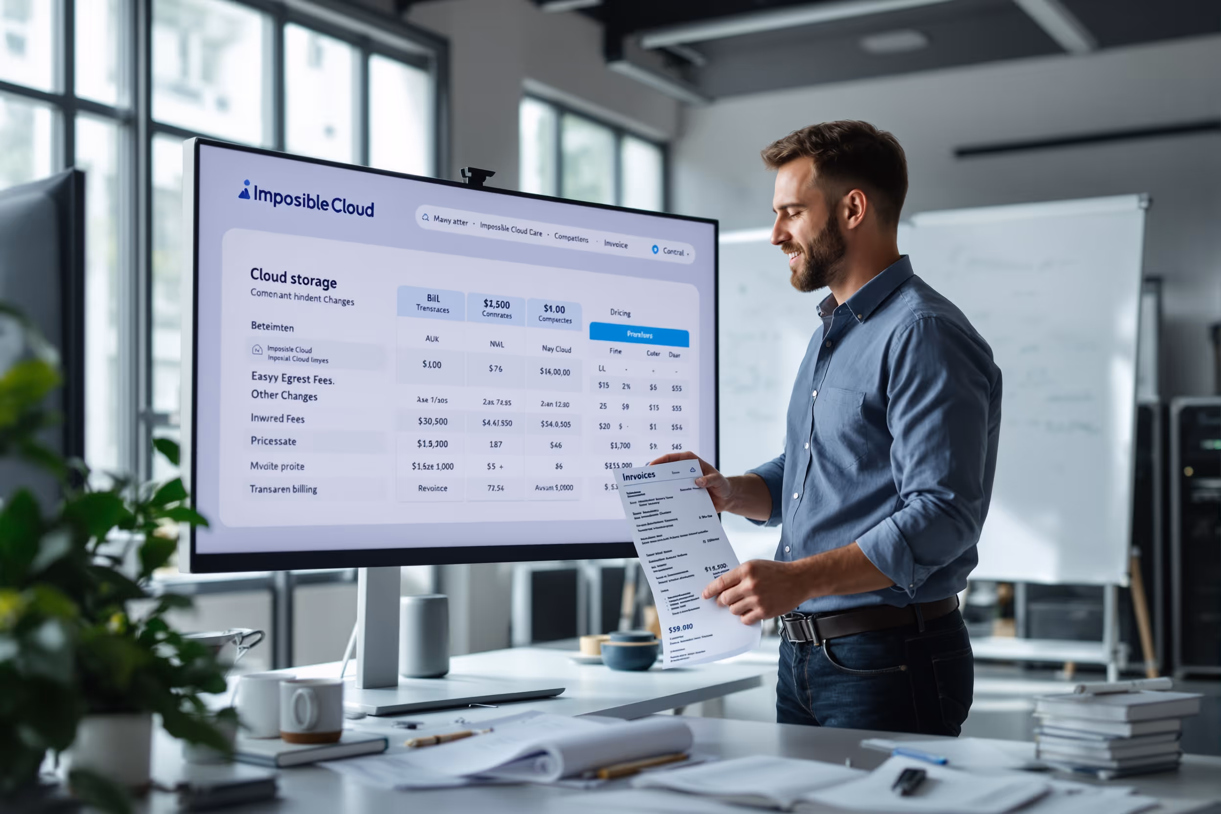 IT professional reviewing a transparent cloud storage bill from Impossible Cloud, highlighting no surprise fees.