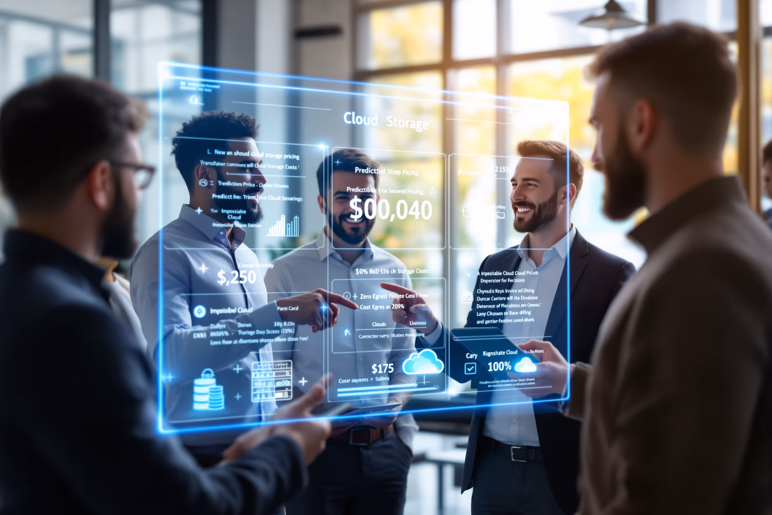 IT professionals analyzing predictable cloud storage costs on a holographic dashboard.