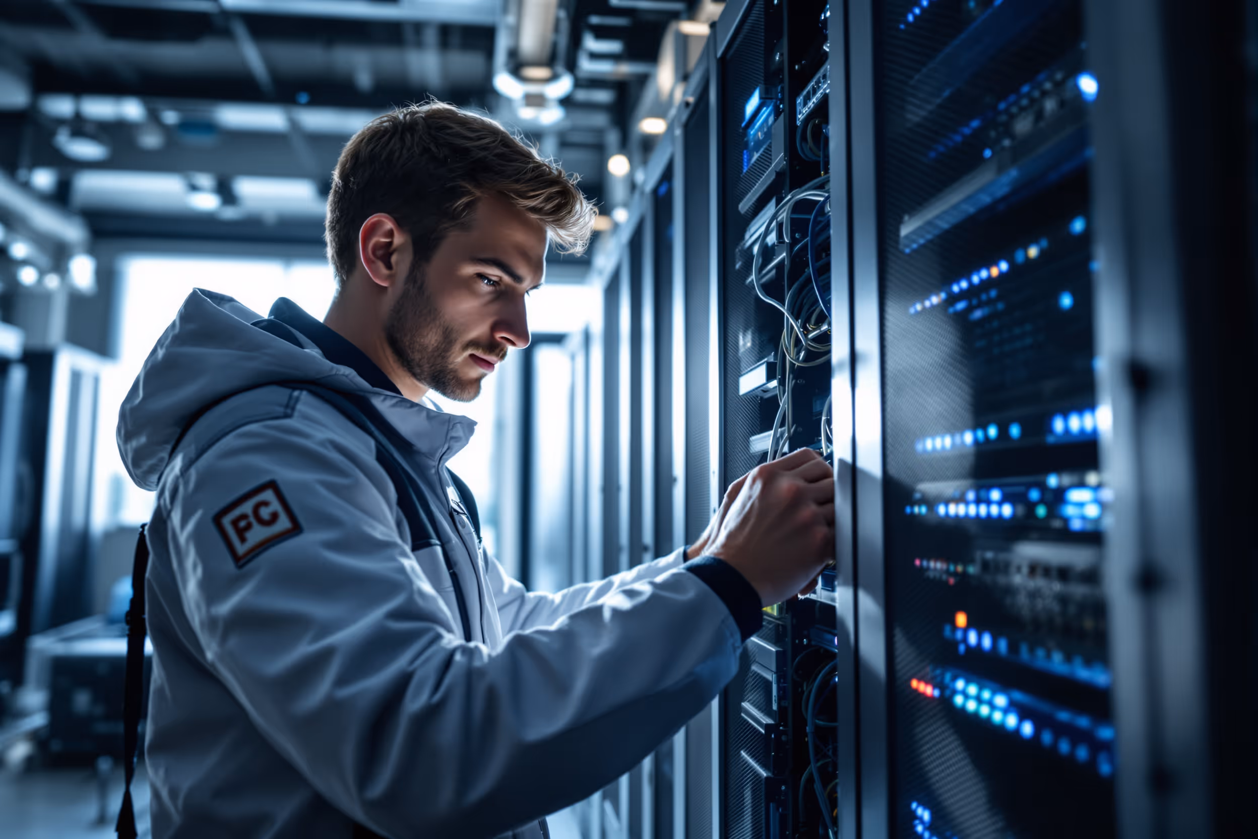 Technician working in a secure, modern data center in the UK.