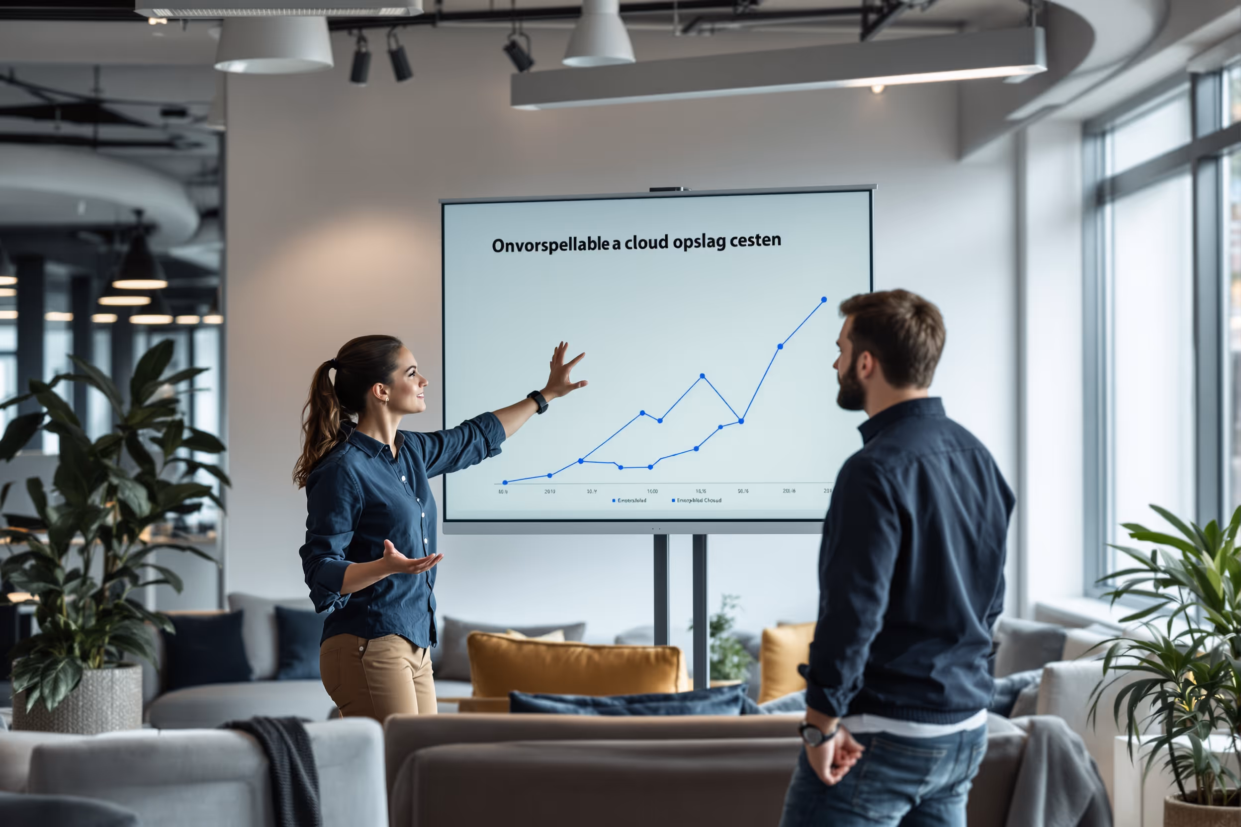 IT-manager en DevOps engineer bespreken cloudopslagkosten op een kantoor in Nederland.