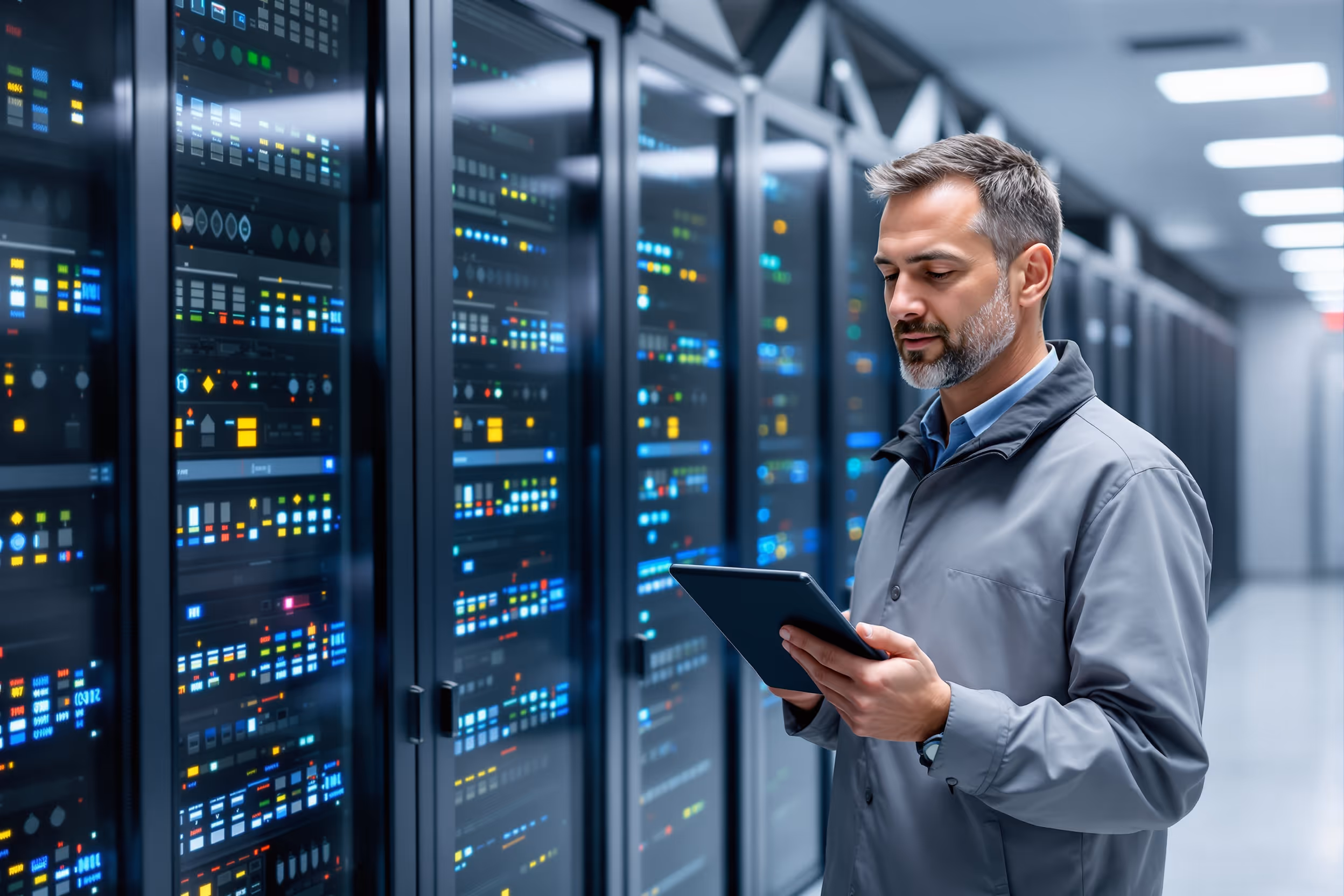 Serverruimte in Nederlands ziekenhuis met IT-beheerder die de AVG-compliance bewaakt.