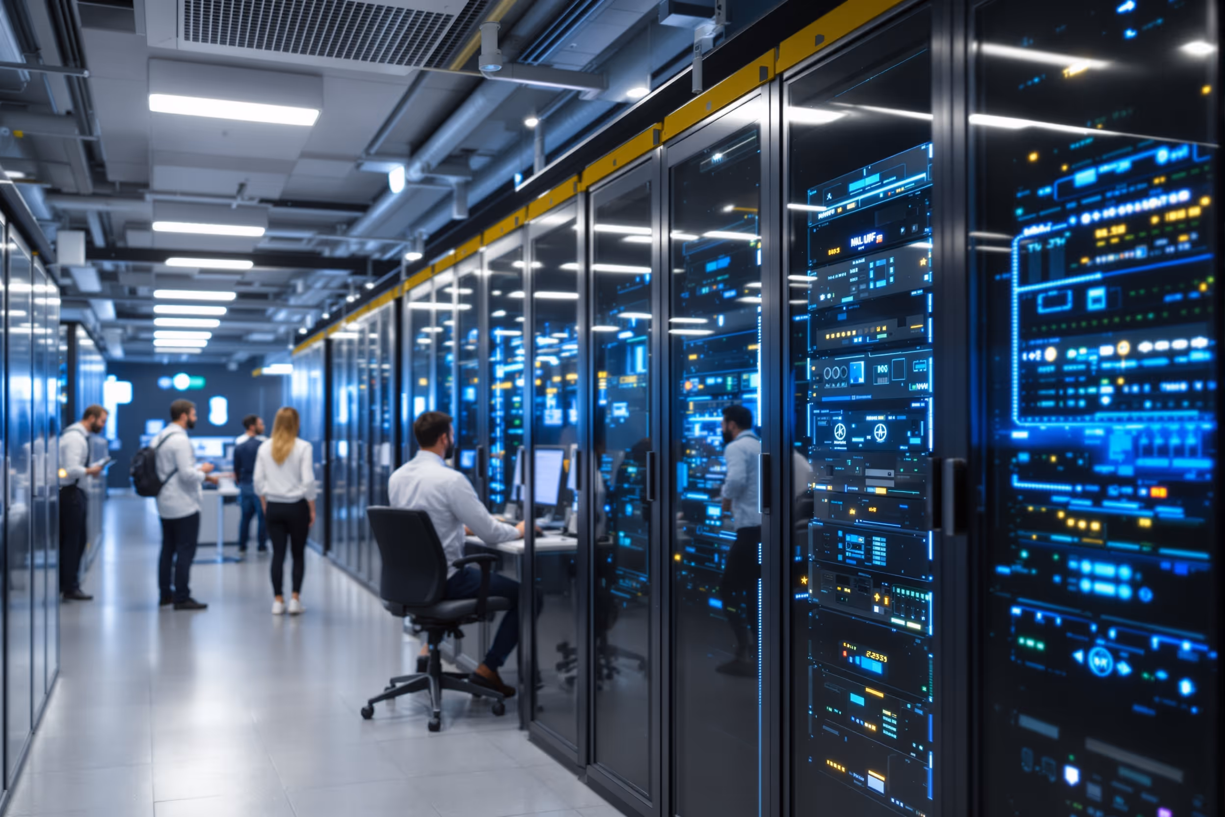 Beveiligd Nederlands datacentrum met IT-specialisten die de serverbeveiliging monitoren.