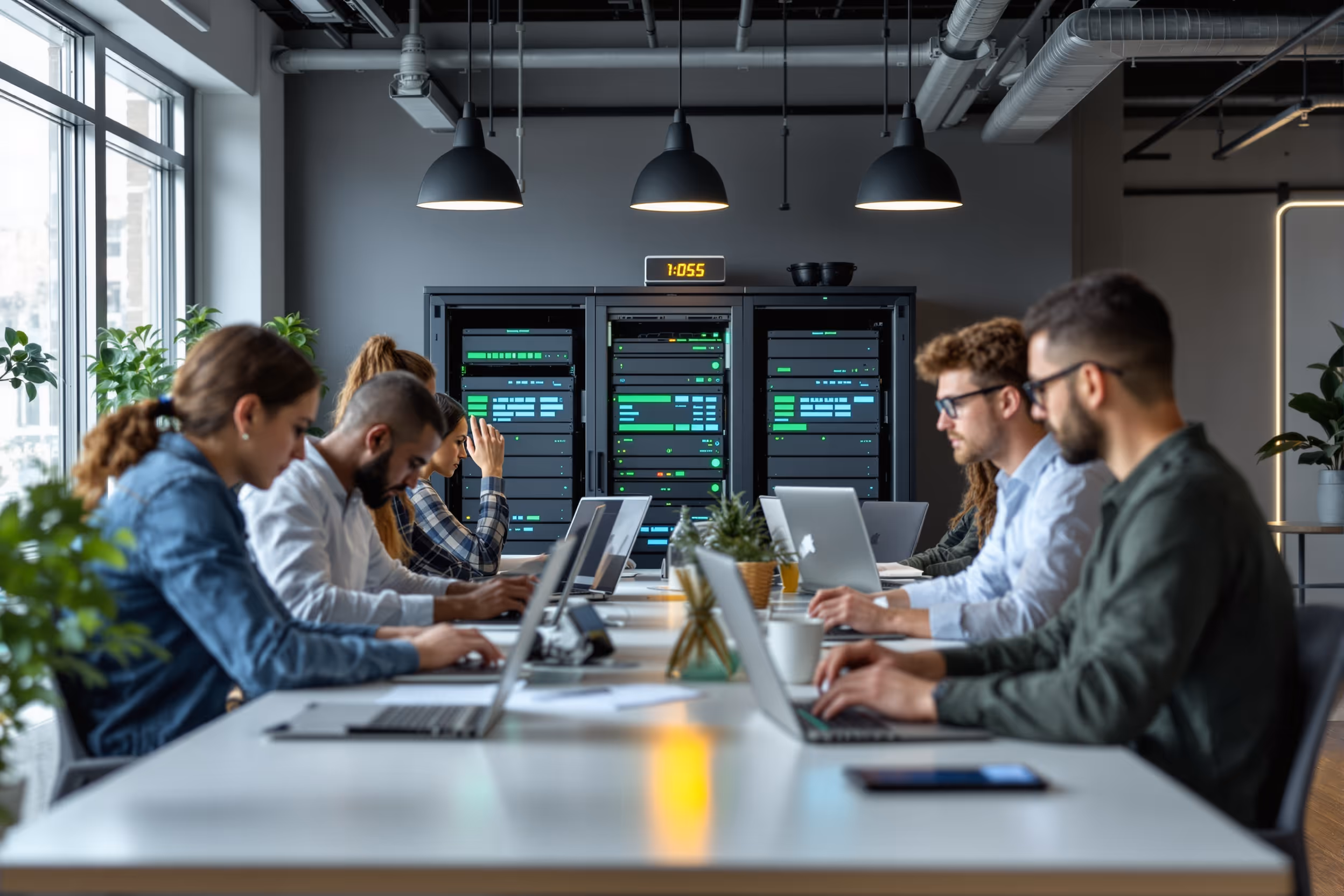 Team van IT-professionals werkt samen in een modern Nederlands kantoor, met Impossible Cloud storage op de achtergrond.