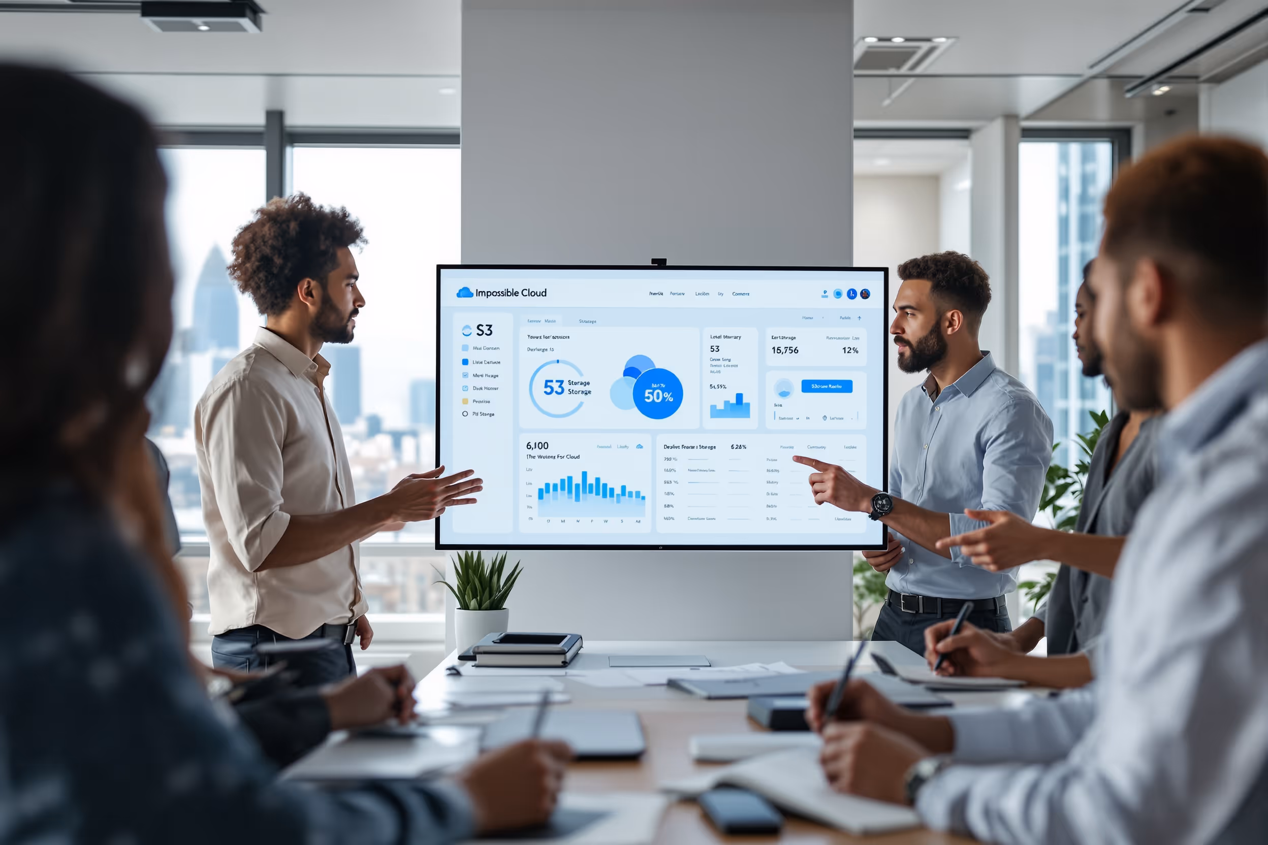 IT team in London analyzing Impossible Cloud S3 storage metrics in a modern office setting.