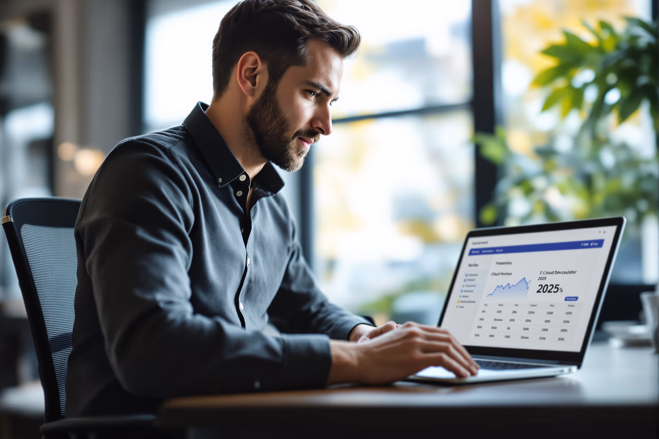 IT professional using a cloud revenue calculator for 2025 profit projections.