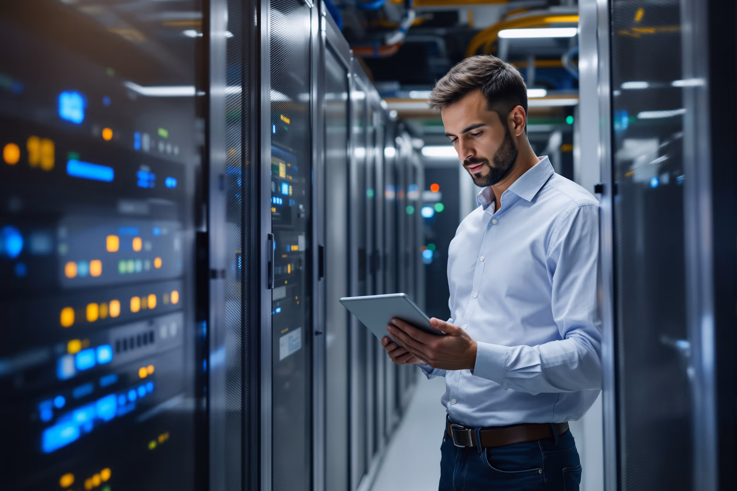 IT professional conducting a data transfer impact assessment in a secure European data center.