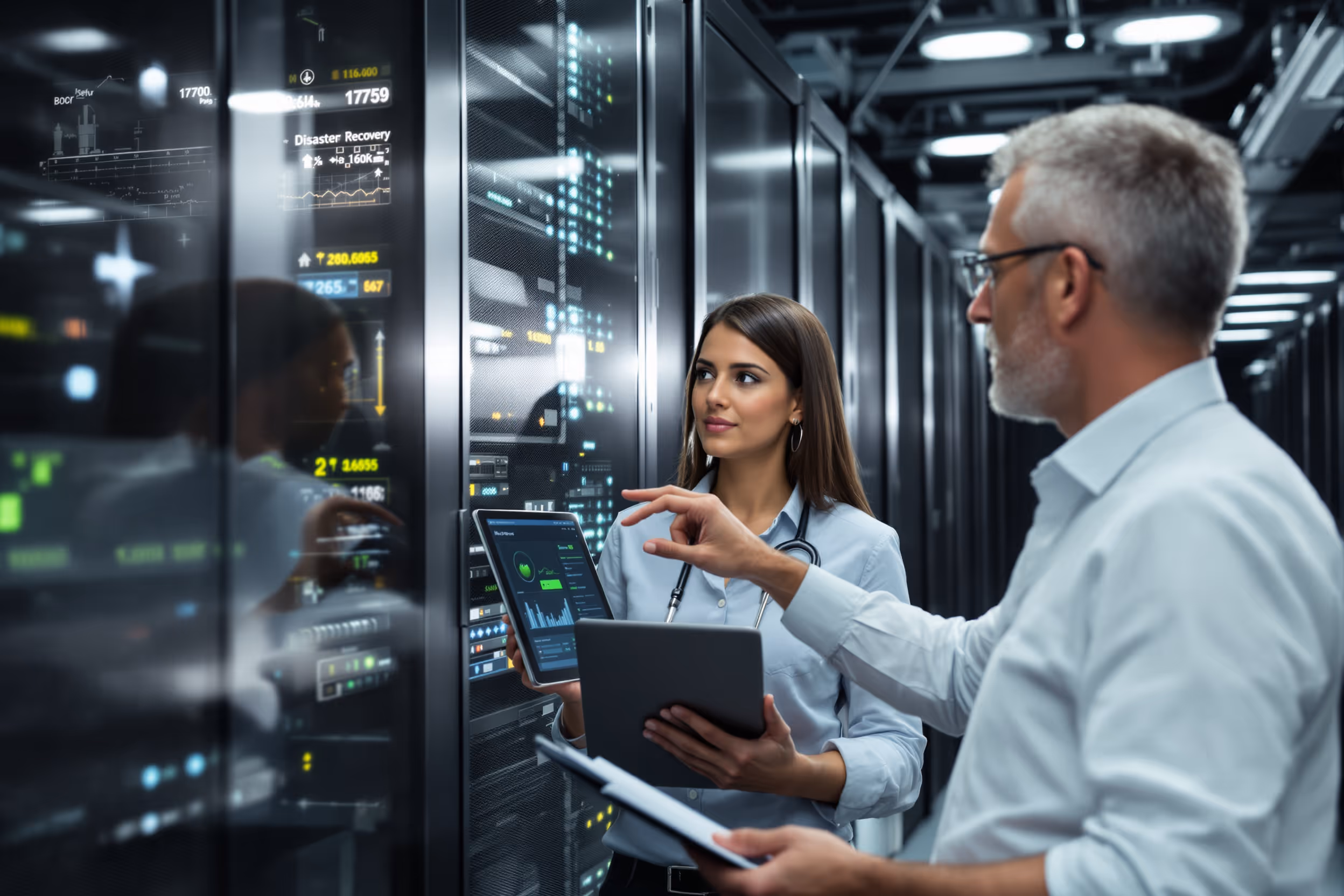 IT team collaborating on disaster recovery in a modern data center.