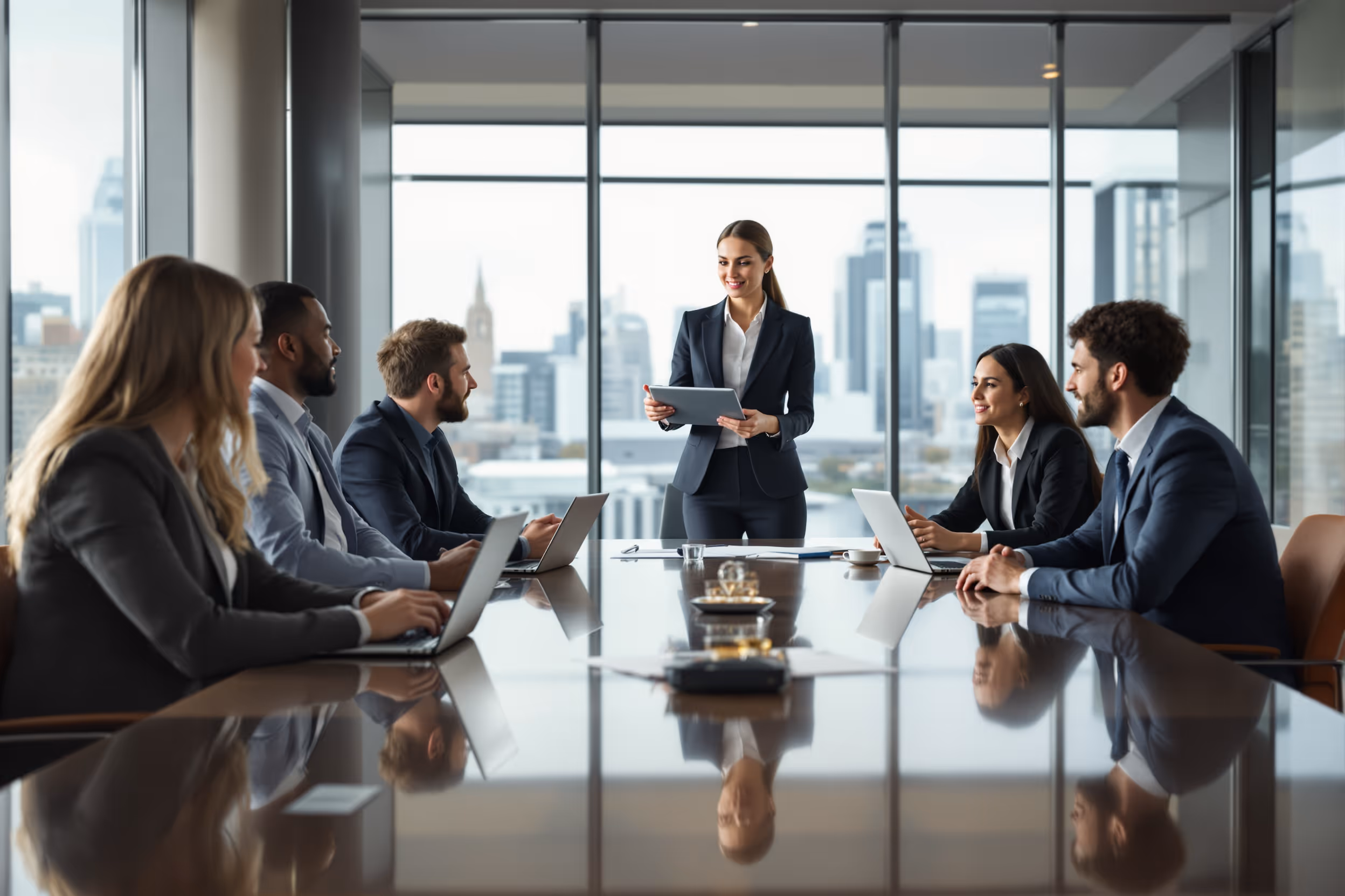 Law firm team collaborating on GDPR-compliant file sharing in a modern London office.