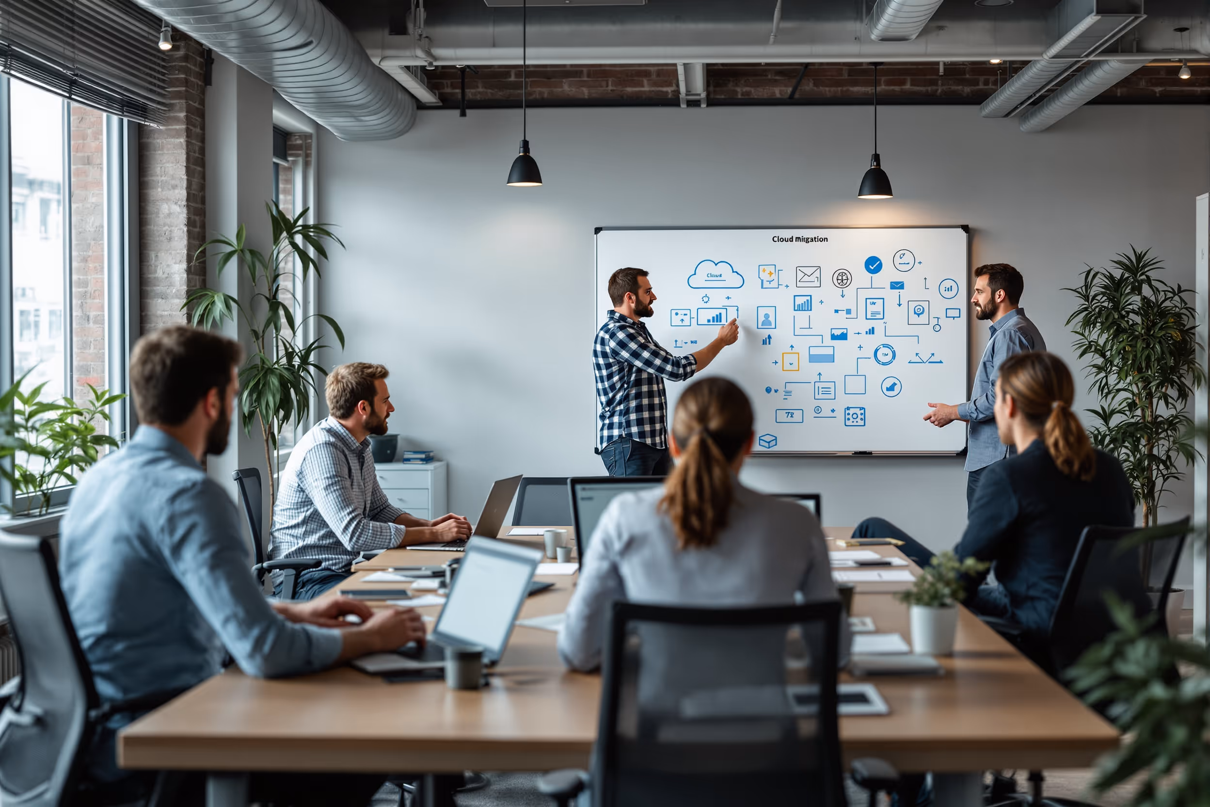 Team van IT-professionals bespreekt cloudmigratiestrategie in een modern kantoor.