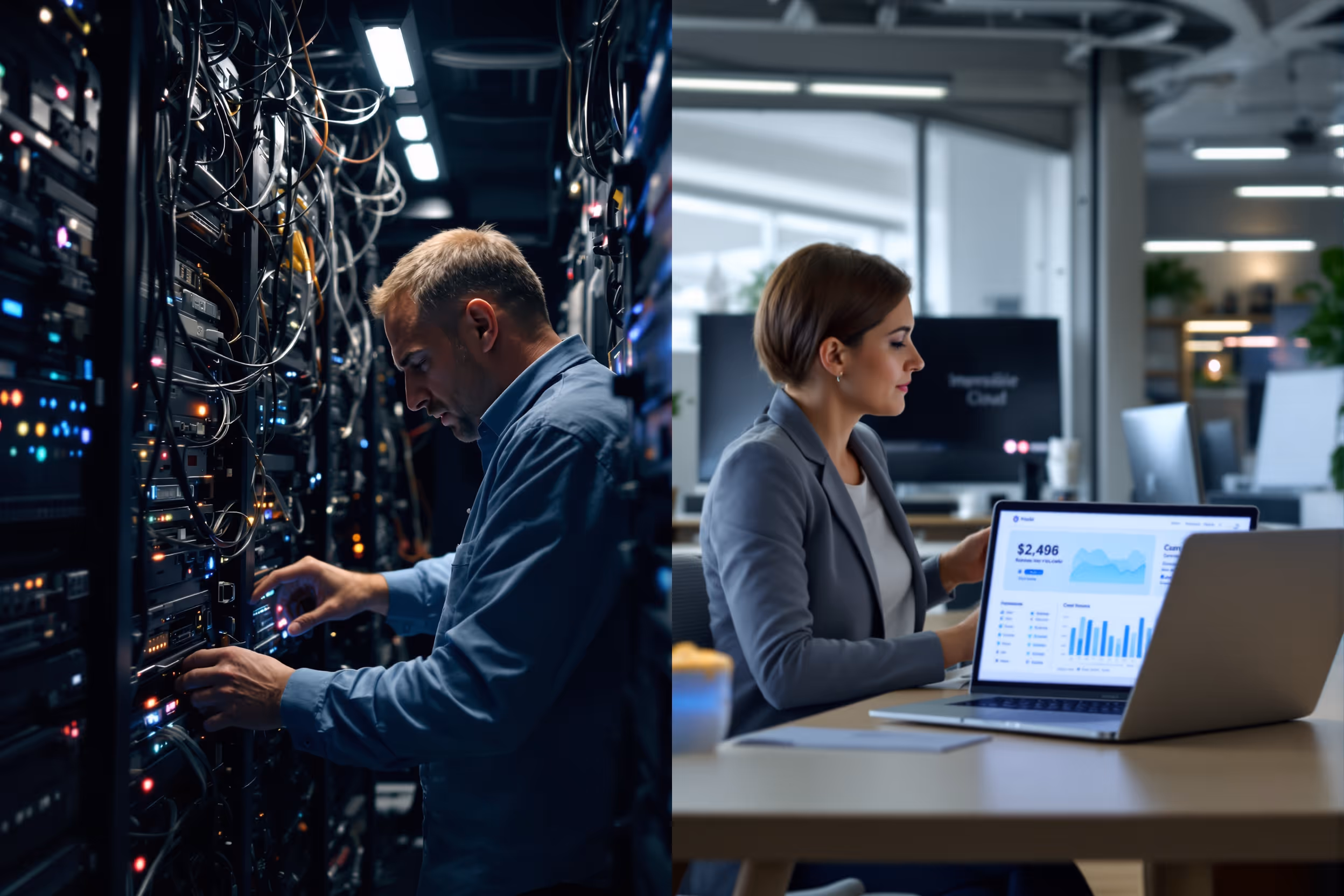 Comparison of traditional server room and modern cloud storage management.
