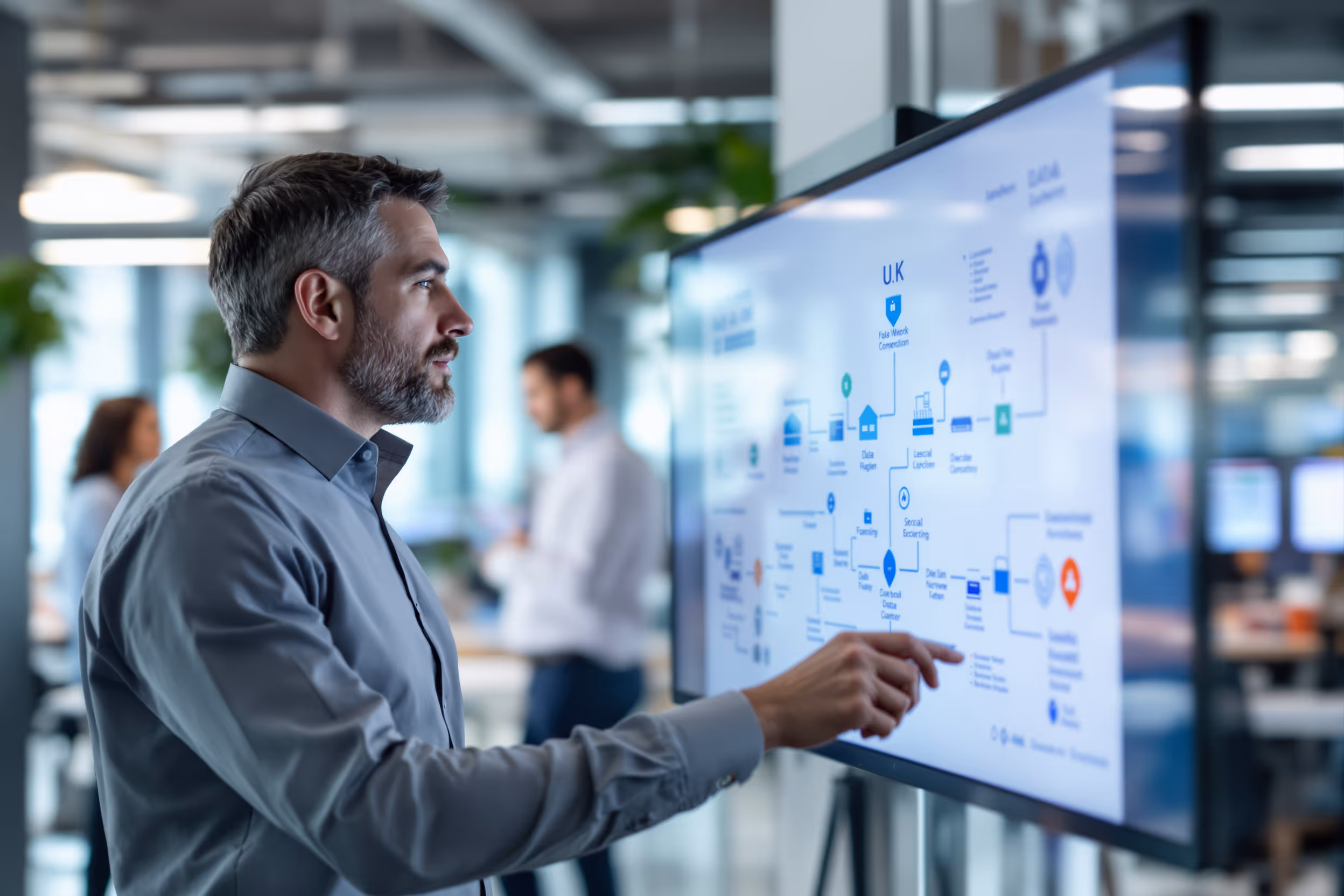 IT professional reviewing a network diagram emphasizing data security and local data storage in a London office.
