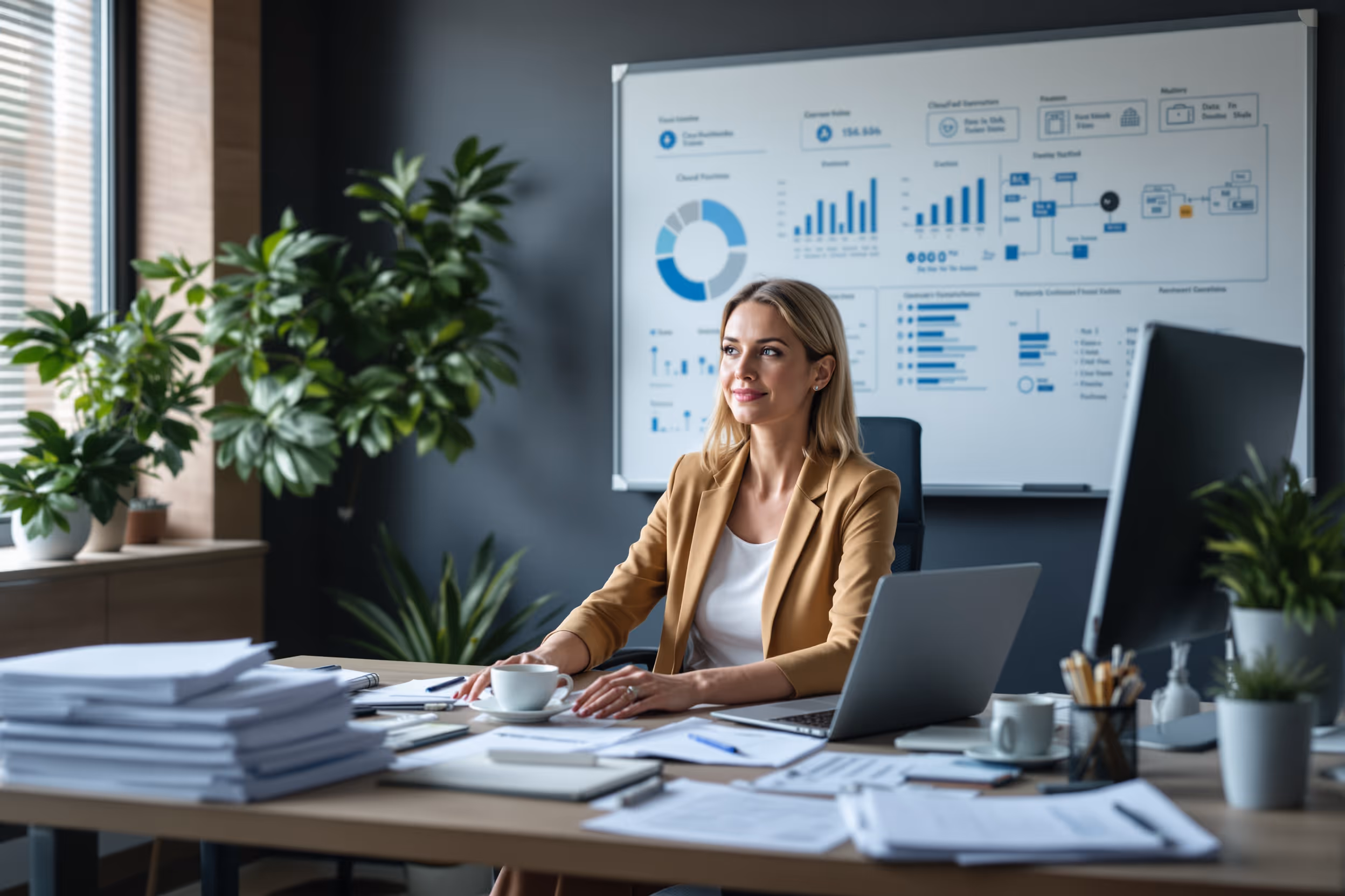 IT-manager Sanne evalueert cloudopslag statistieken op een laptop in een modern kantoor.