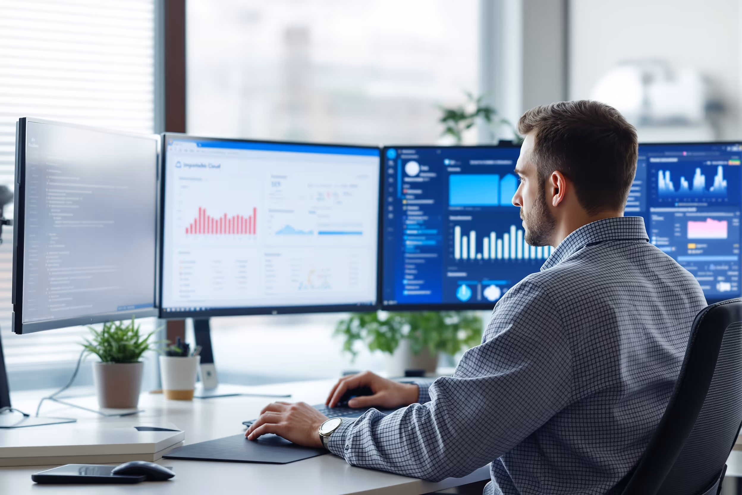 IT-specialist optimaliseert cyber recovery met datasoevereine cloudopslag in een moderne kantooromgeving.