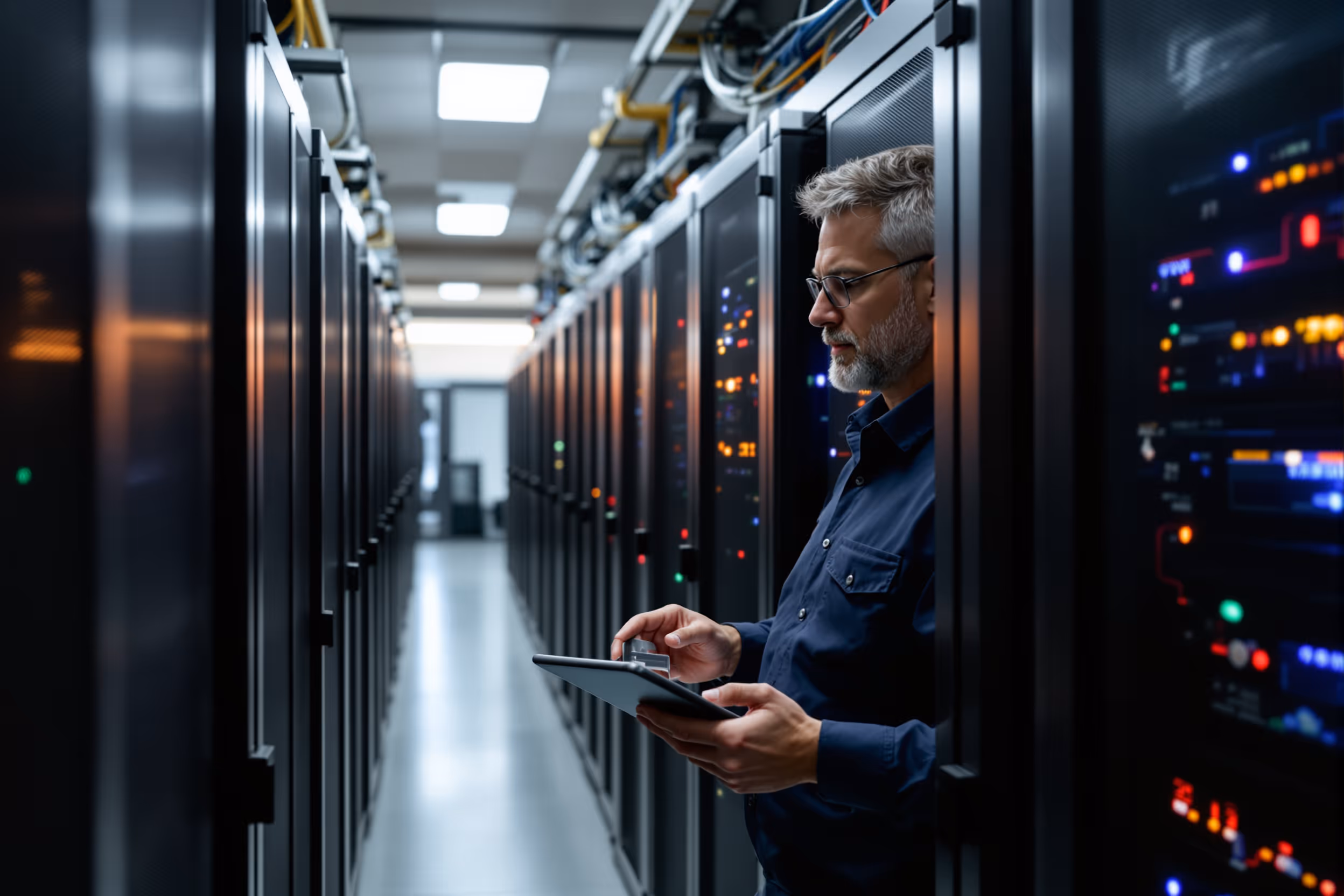 IT-beheerder vergelijkt tape met cloudmigratiegegevens in een serverruimte.