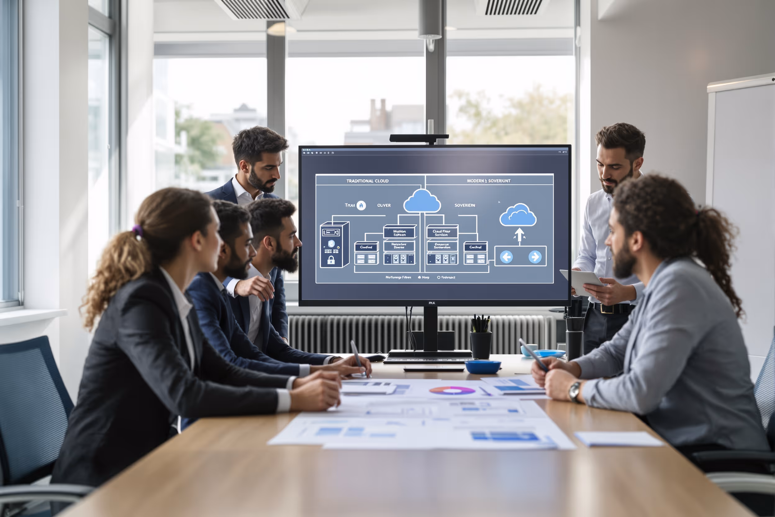 IT professionals in London discussing sovereign cloud storage solutions.