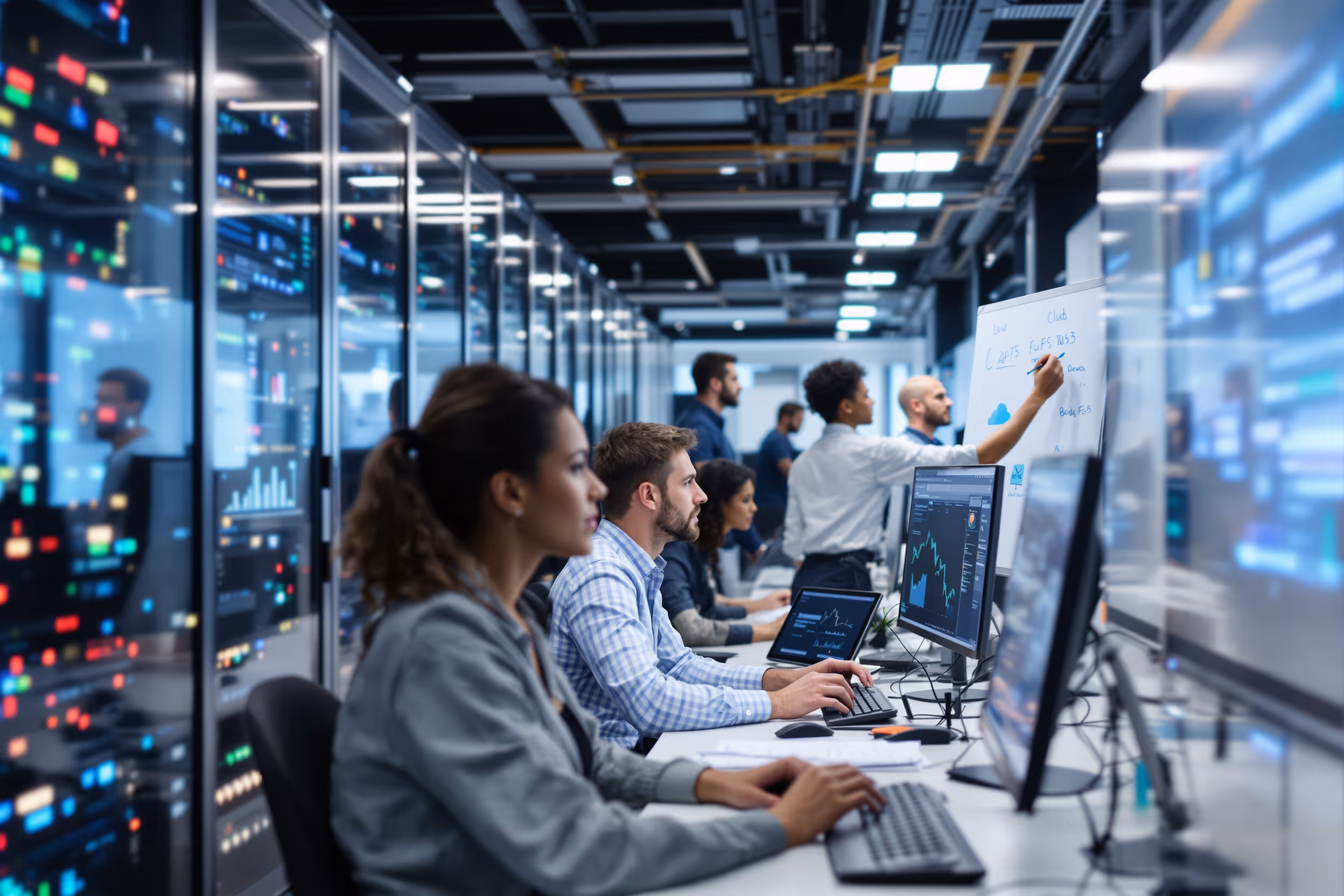 IT Professionals managing enterprise-grade London cloud storage in a secure data center.