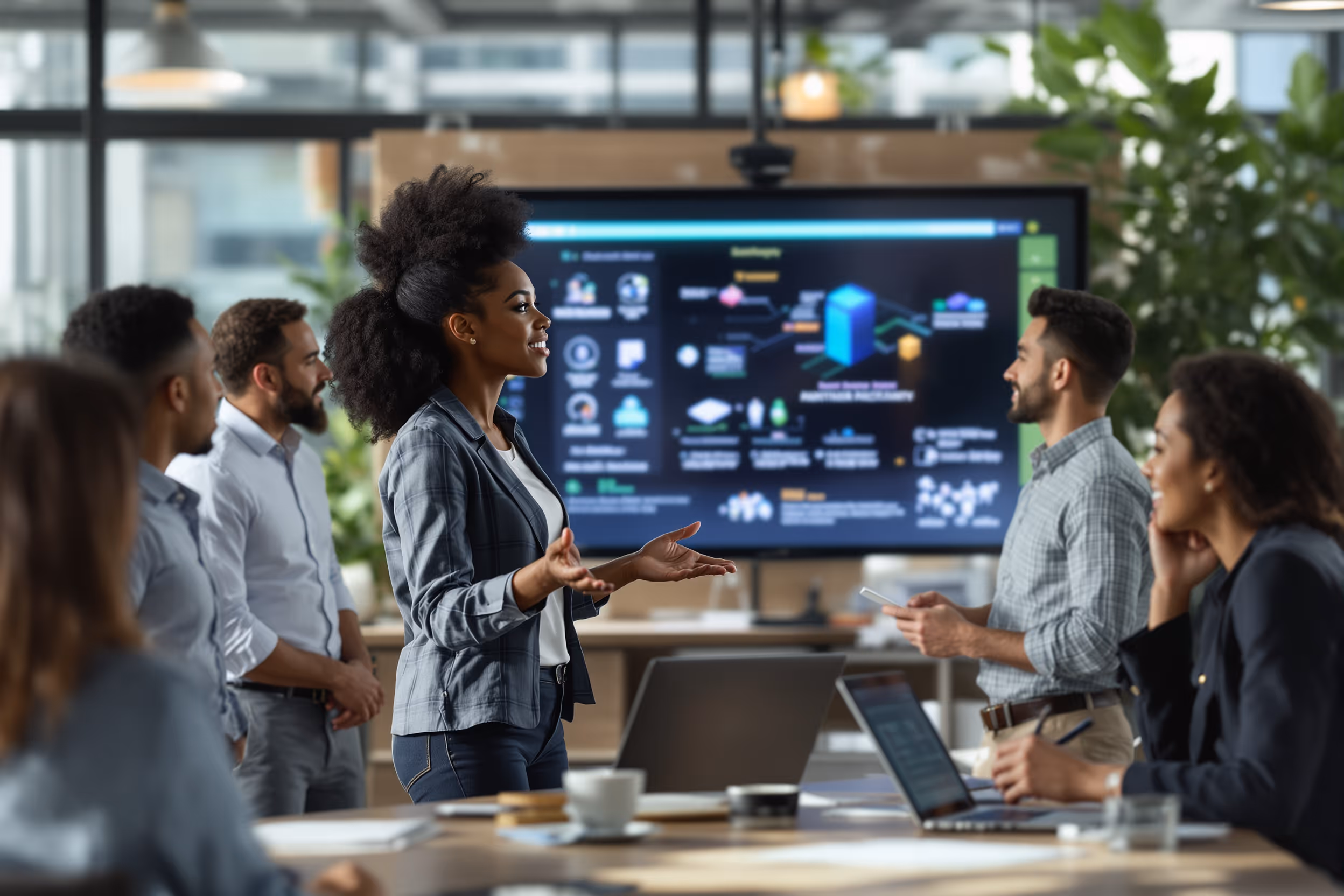 Diverse team collaborating on a cloud storage partner program strategy in a modern Austin co-working space, symbolizing innovation and growth.