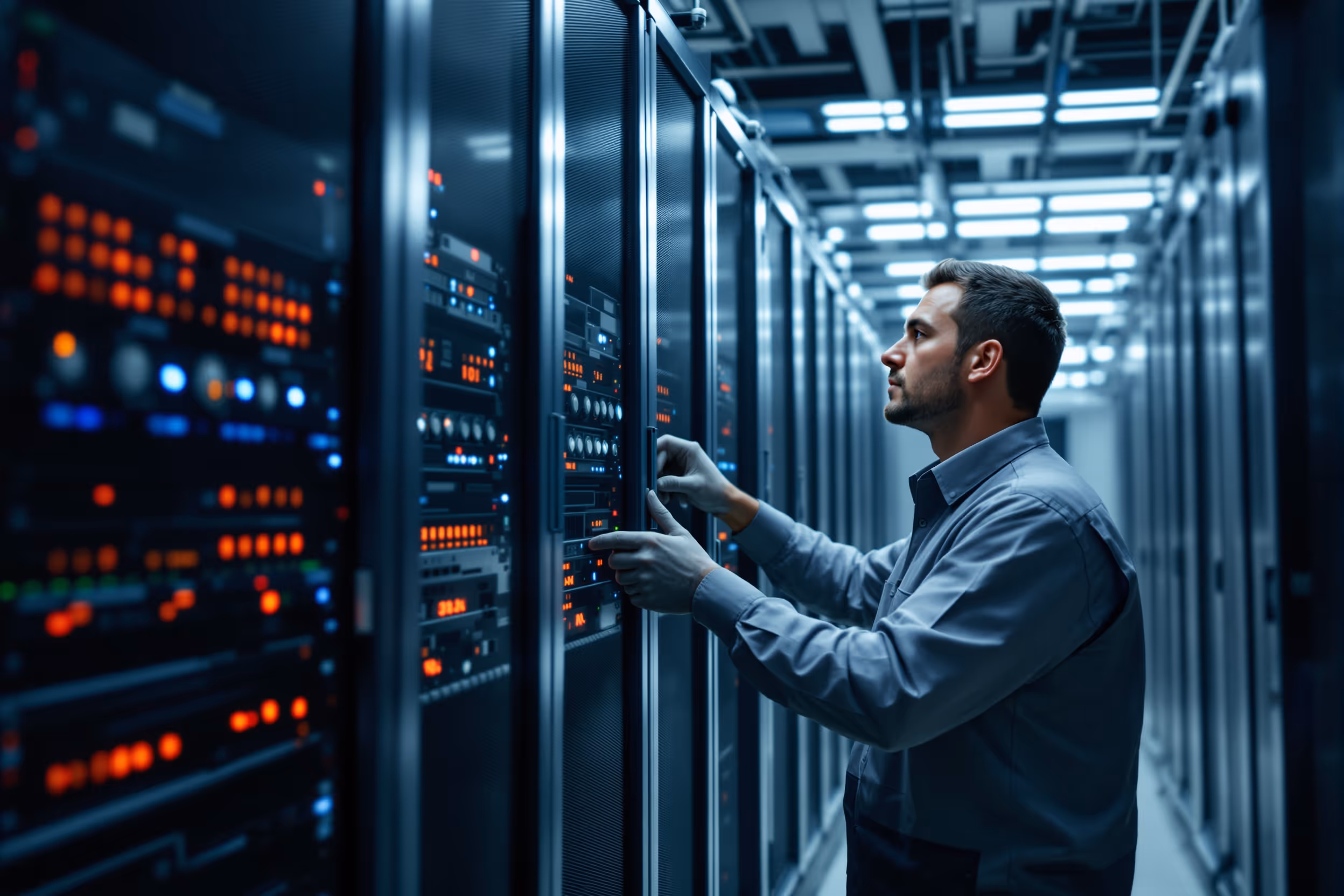 Secure UK data center with technician performing maintenance.