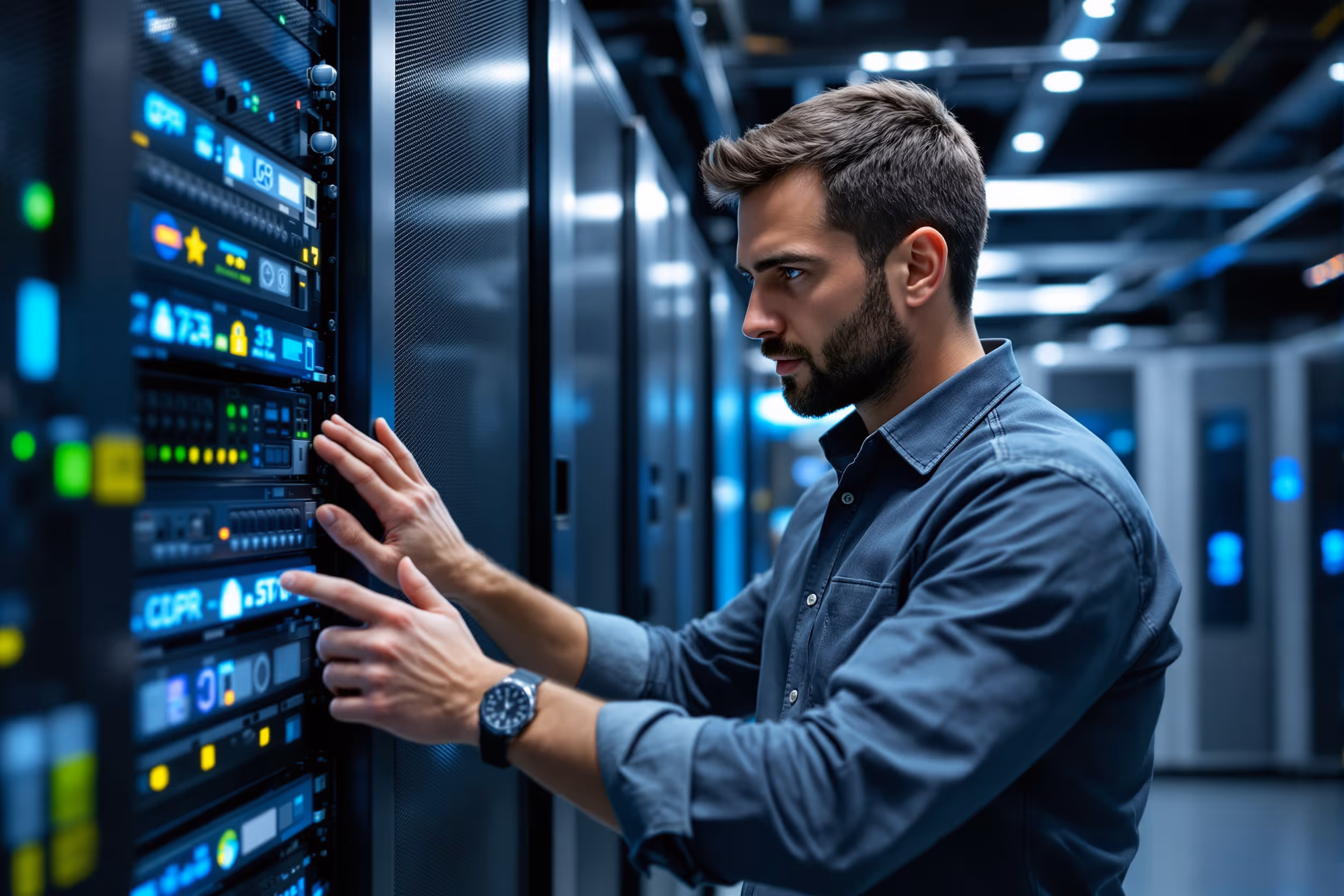 European IT professional inspecting secure server rack in a GDPR-compliant data center.