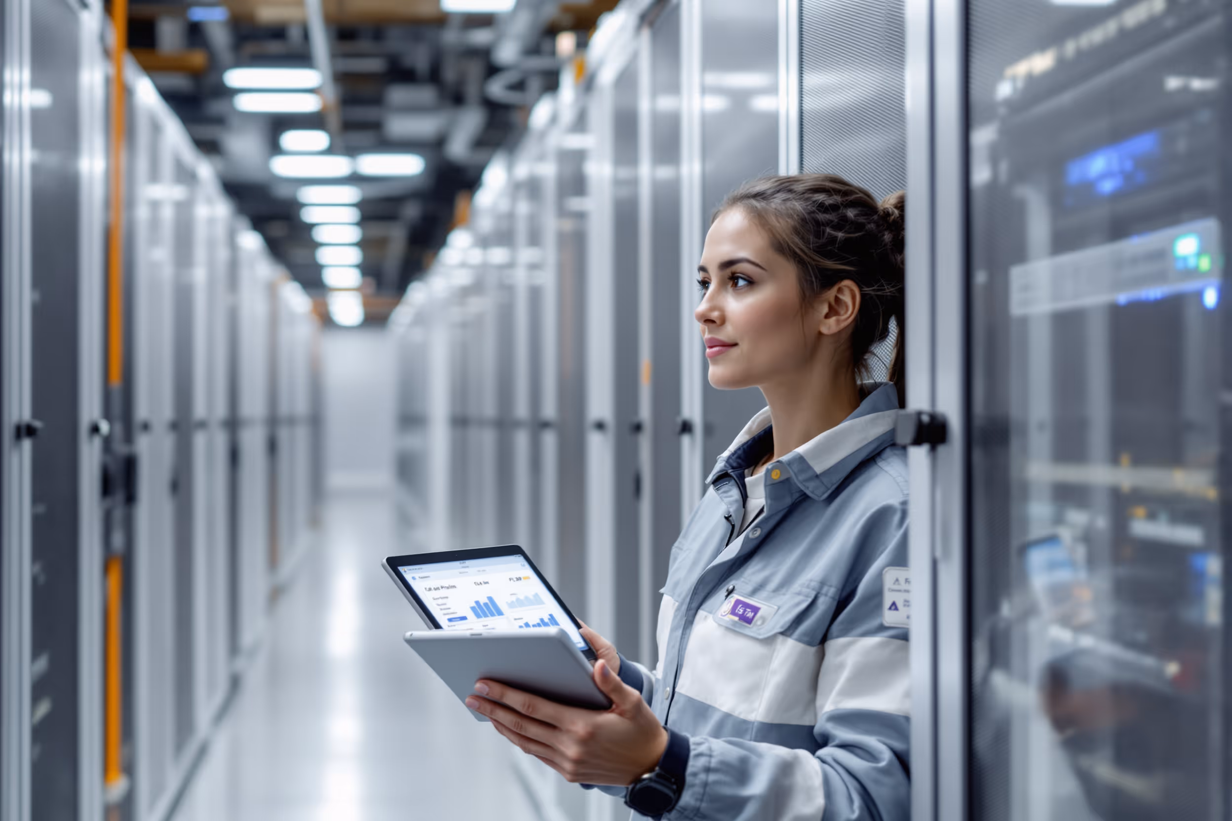 Data center technician reviewing server storage costs on a tablet, highlighting predictable cloud storage pricing.