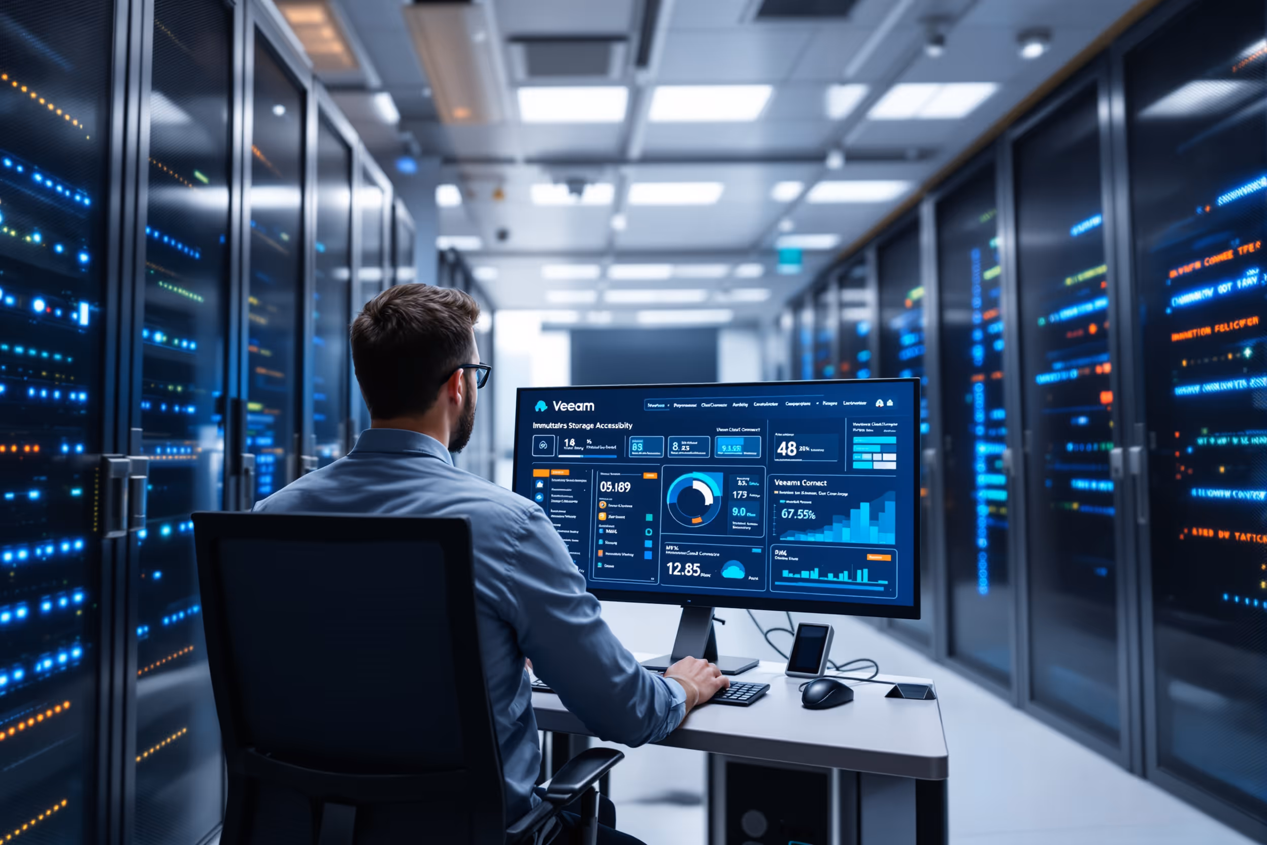 System administrator monitors secure, immutable storage for Veeam Cloud Connect in a modern data center.