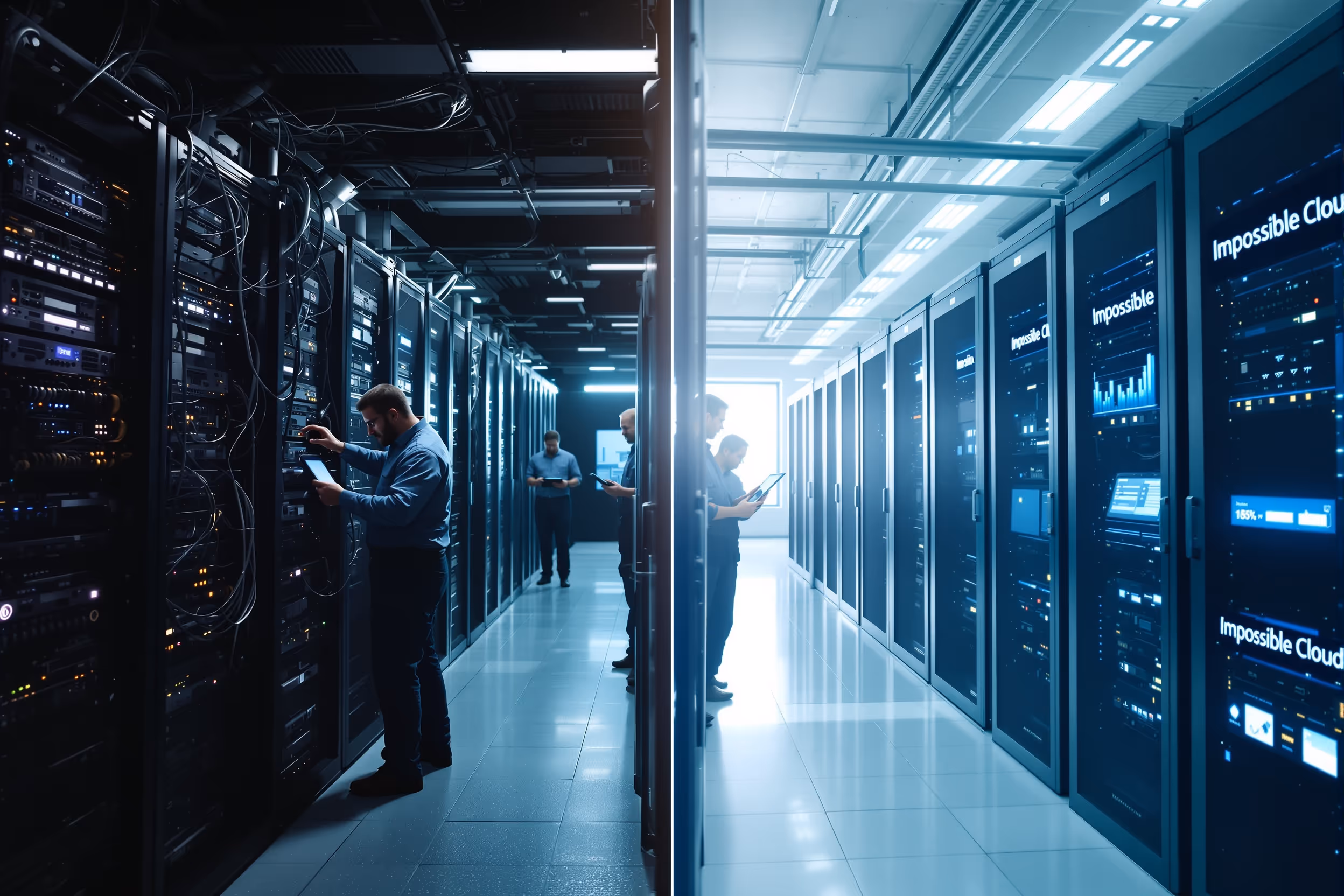 Comparison of traditional vs. Impossible Cloud data center: highlighting modern efficiency.