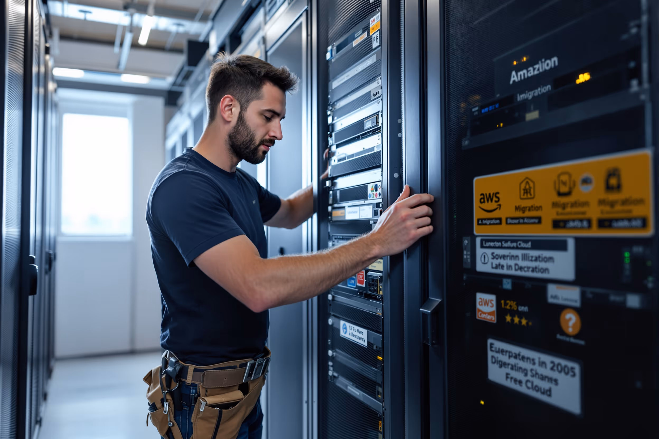 Technician inspecting server rack during AWS to sovereign cloud migration in London data center.
