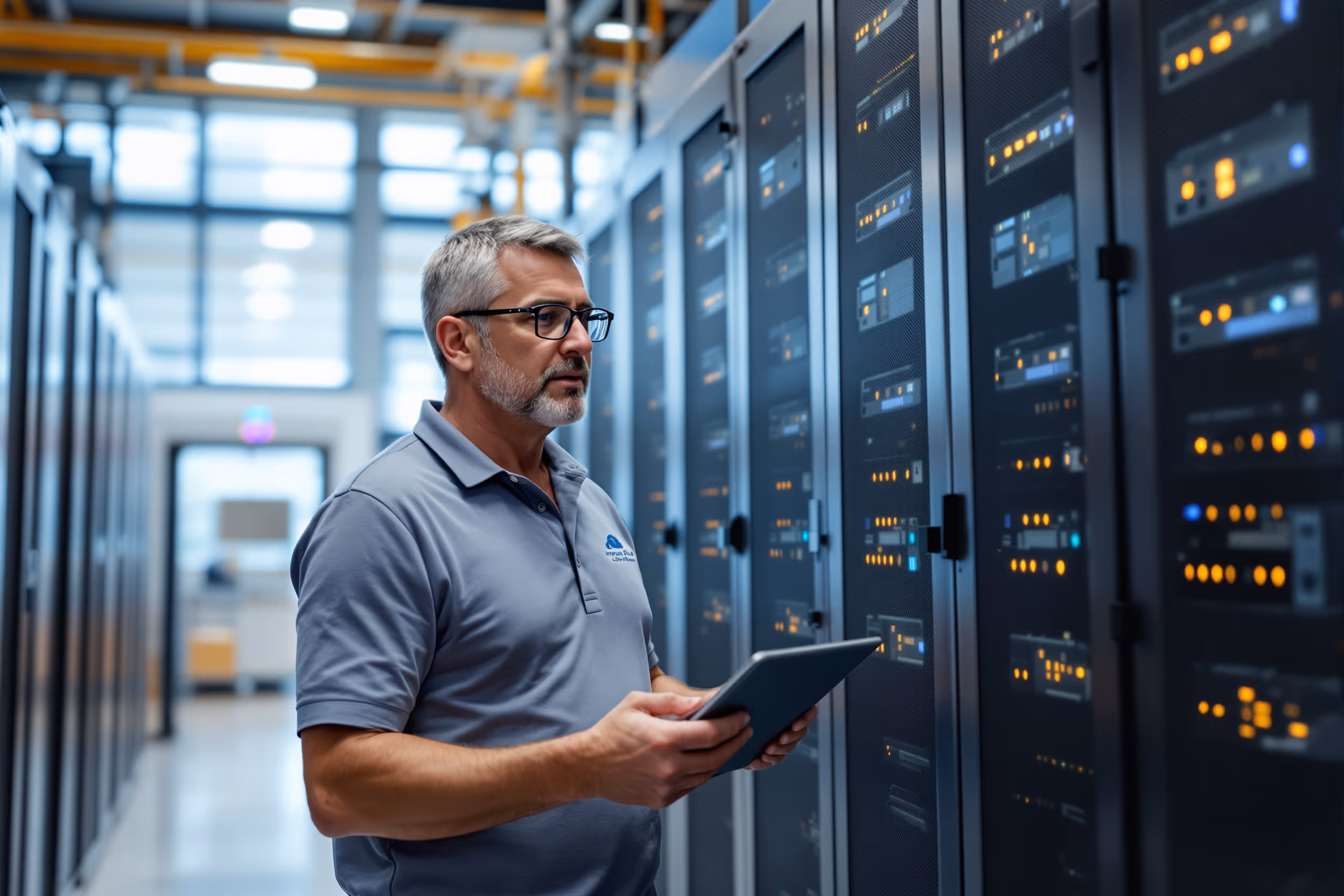 Secure and modern data center with IT professional inspecting server racks.