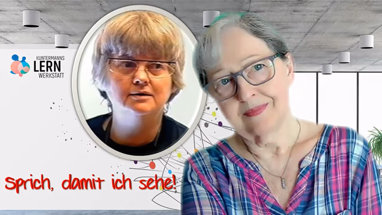 Porträt einer älteren Frau mit Brille und kariertem Hemd vor einem grauen Hintergrund, daneben ein Bild einer anderen Frau in einem ovalen Rahmen mit dem Text 'Sprich, damit ich sehe!' und dem Logo von Kuntermanns Lernwerkstatt.