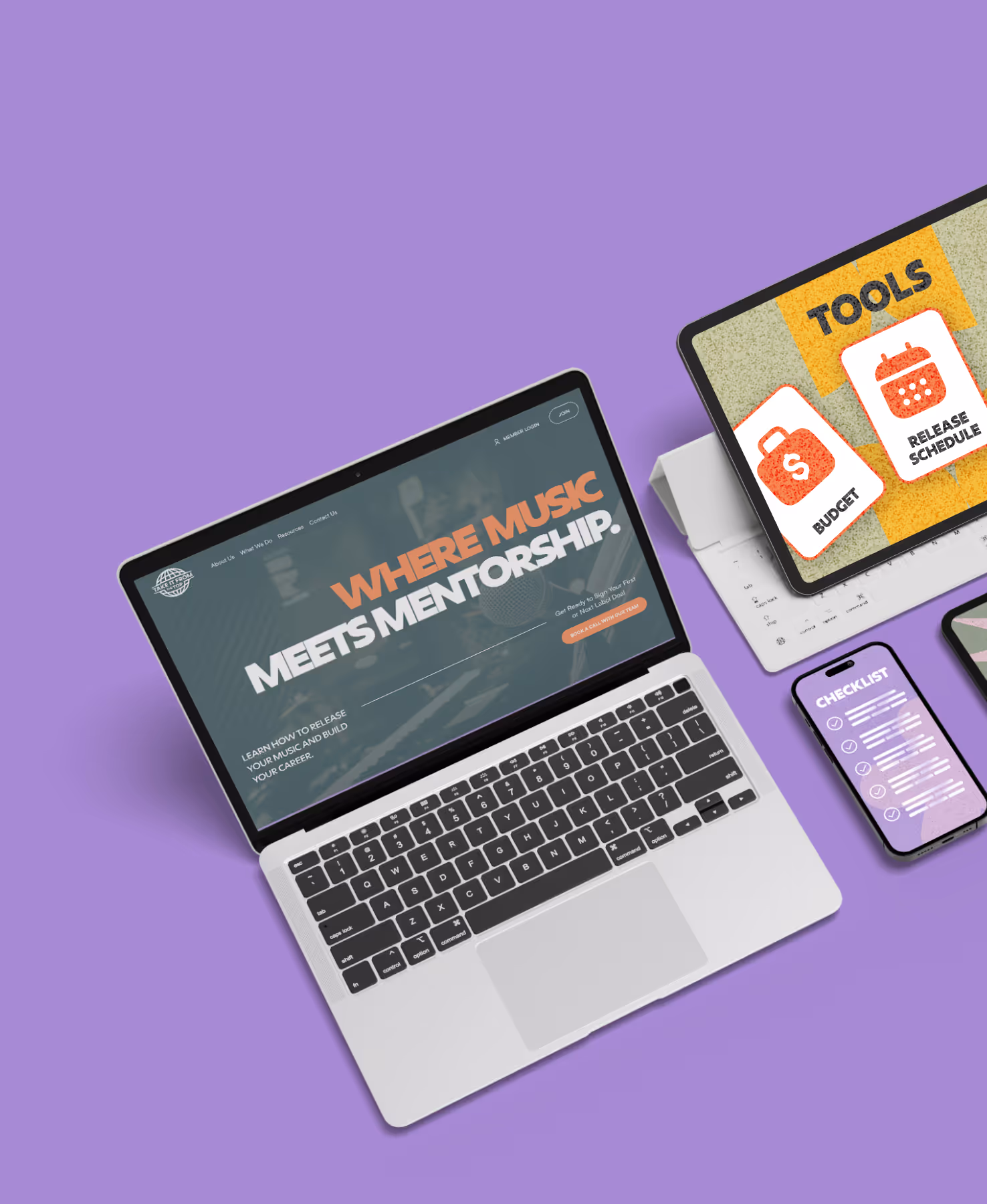 Music release strategy tools shown on laptop, tablet, and phone