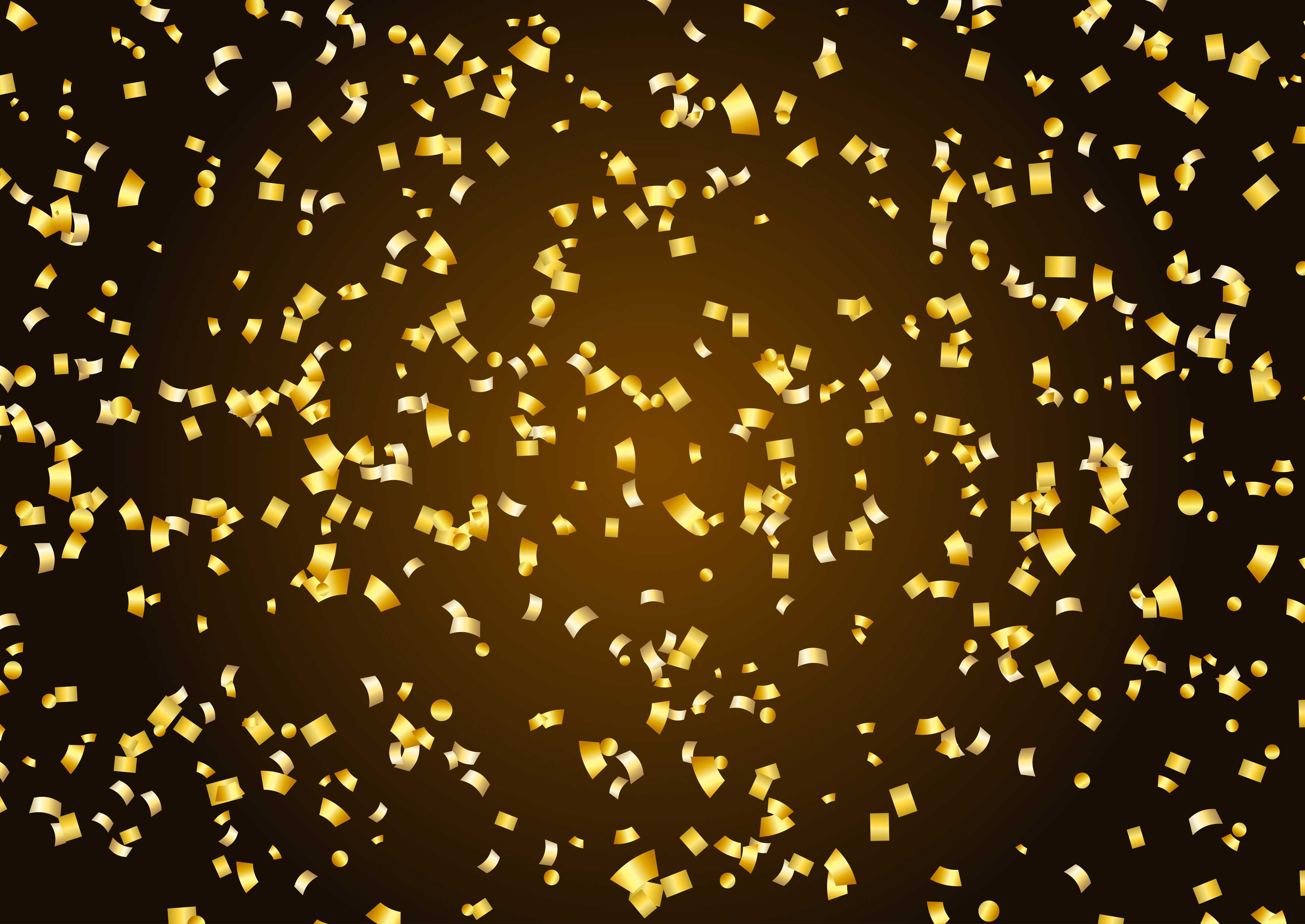 Golden and yellow confetti scattered over a dark brown gradient background.