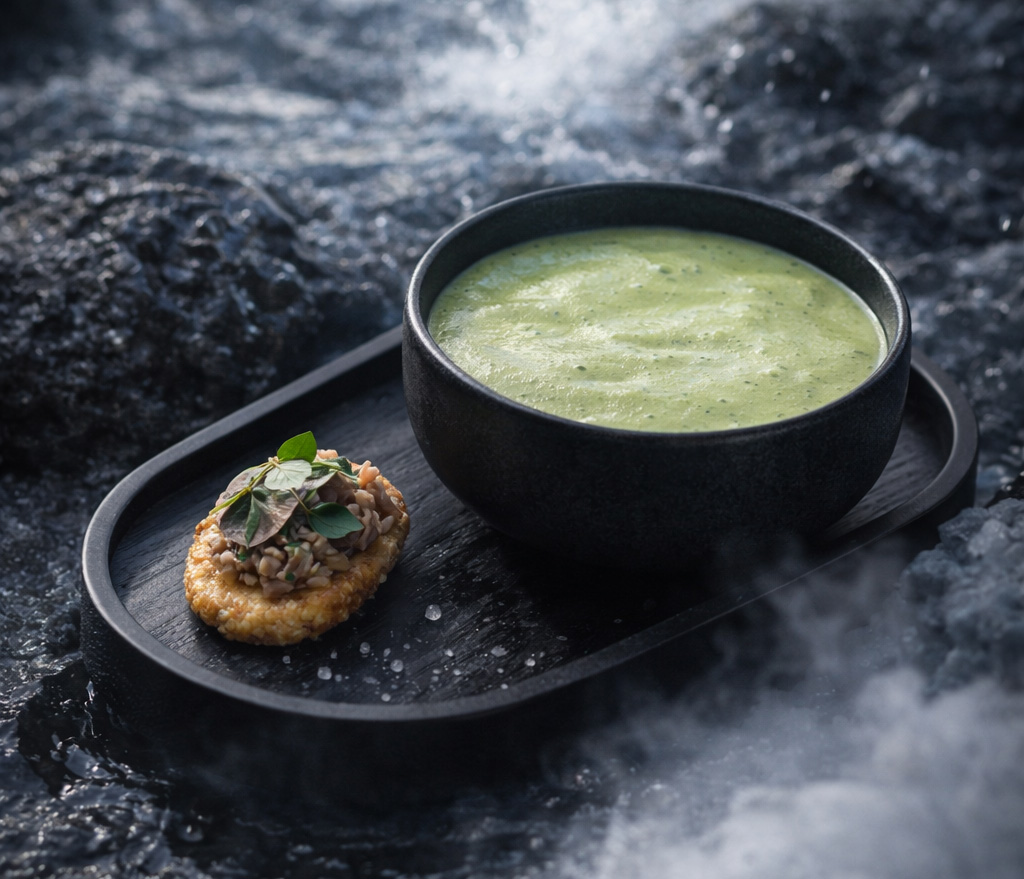 Eine schwarze Schale mit grüner cremiger Suppe und ein knuspriger Cracker mit Pilzen und grünen Blättern auf einem schwarzen Tablett.