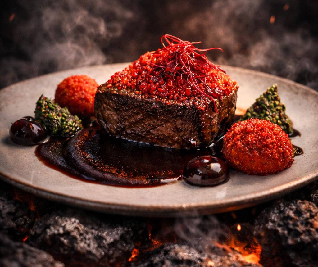 Saftiges Stück Fleisch mit roten Gewürzkrusten, auf einem Teller mit dunkler Soße und dekorativen Gemüse- und Kräuterarrangements, dampfend über glühender Kohle.
