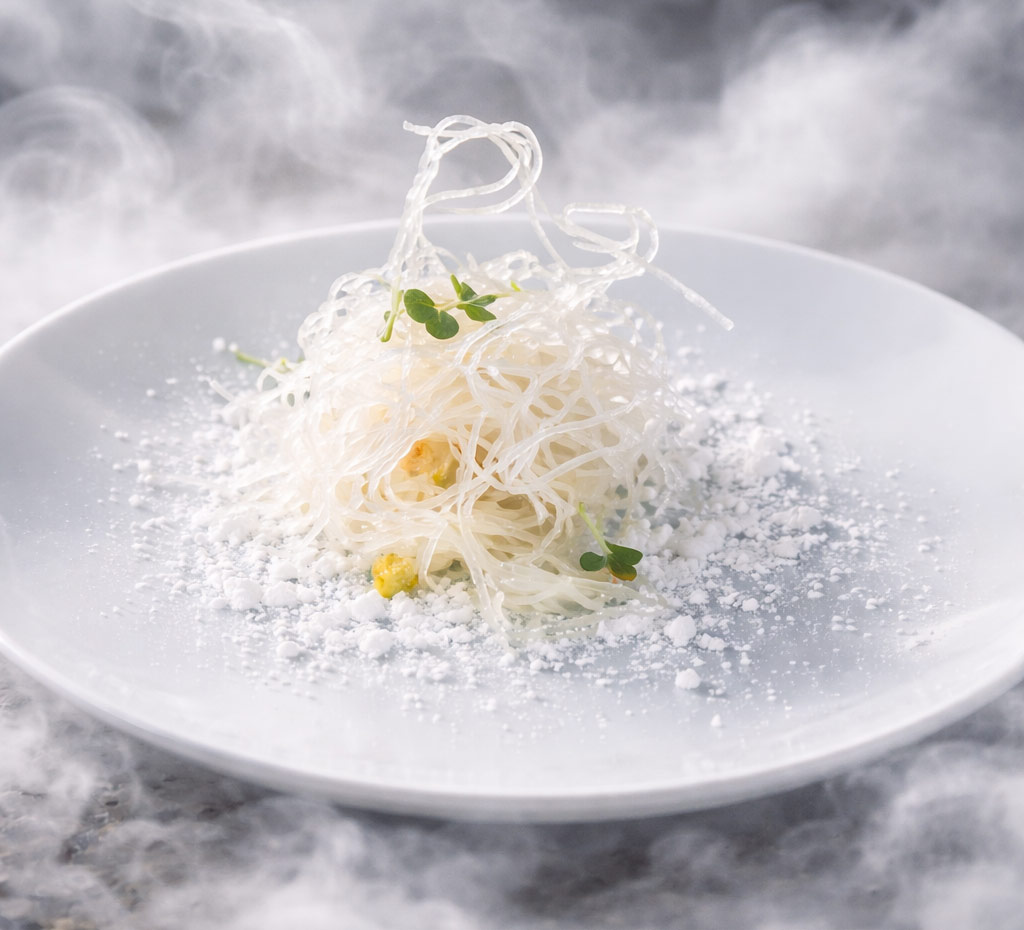 Elegante Präsentation von dünnen, durchsichtigen Glasnudeln mit kleinen grünen Kräutern und weißem Pulver auf weißem Teller, umgeben von Dampf.