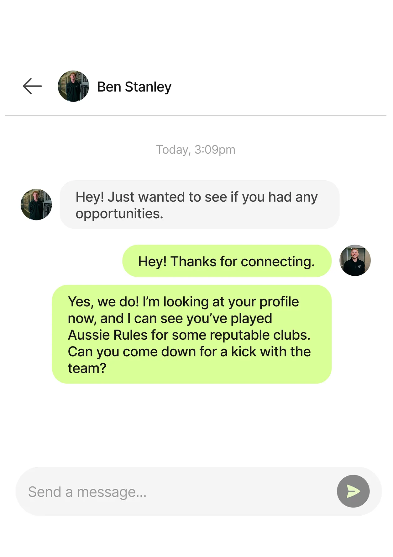 Chat between Ben Stanley and another person discussing opportunities and inviting for a kick with the team after noting experience in Aussie Rules.