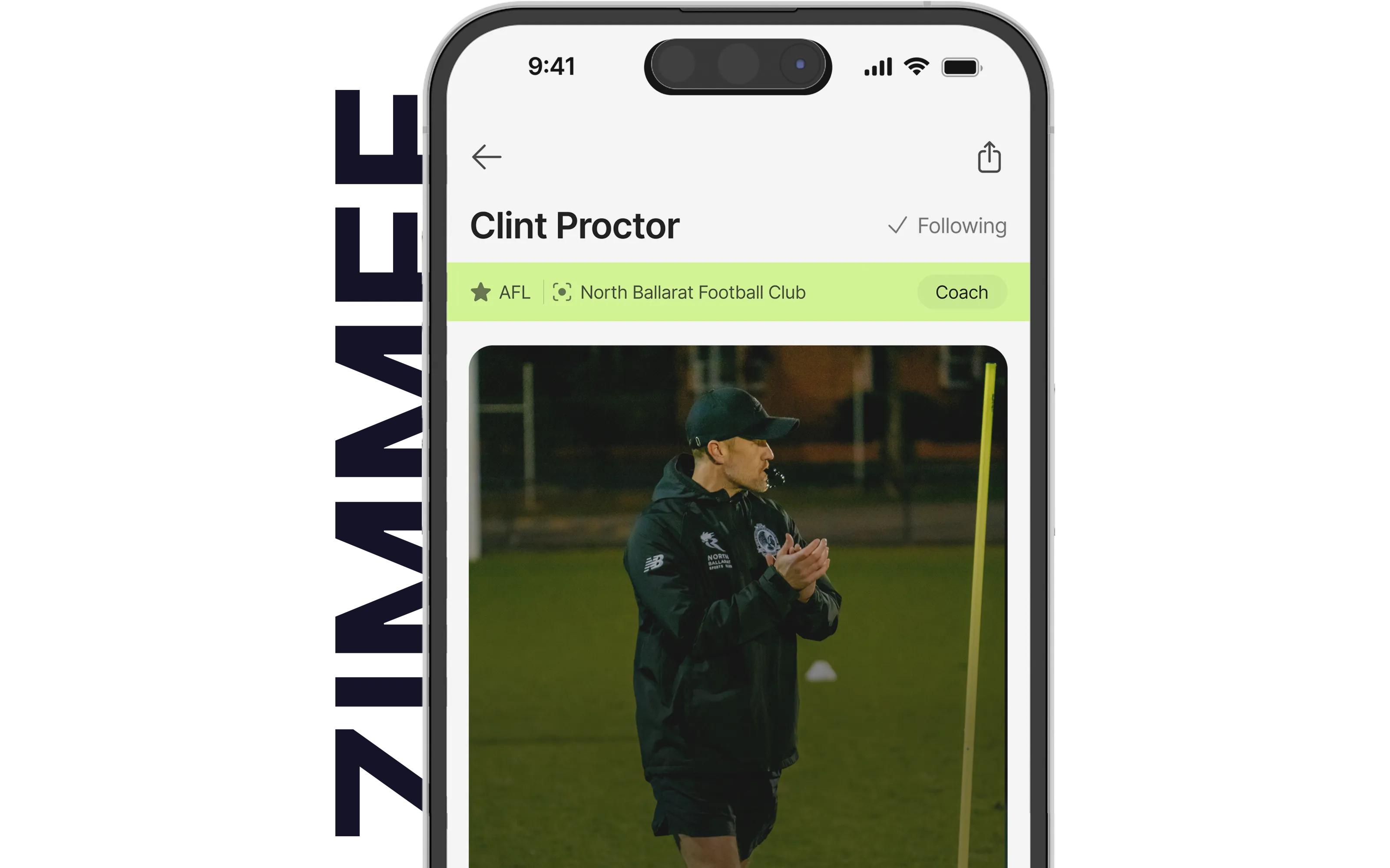 Mobile screen showing Clint Proctor profile as a coach for North Ballarat Football Club with a photo of him clapping on a sports field.