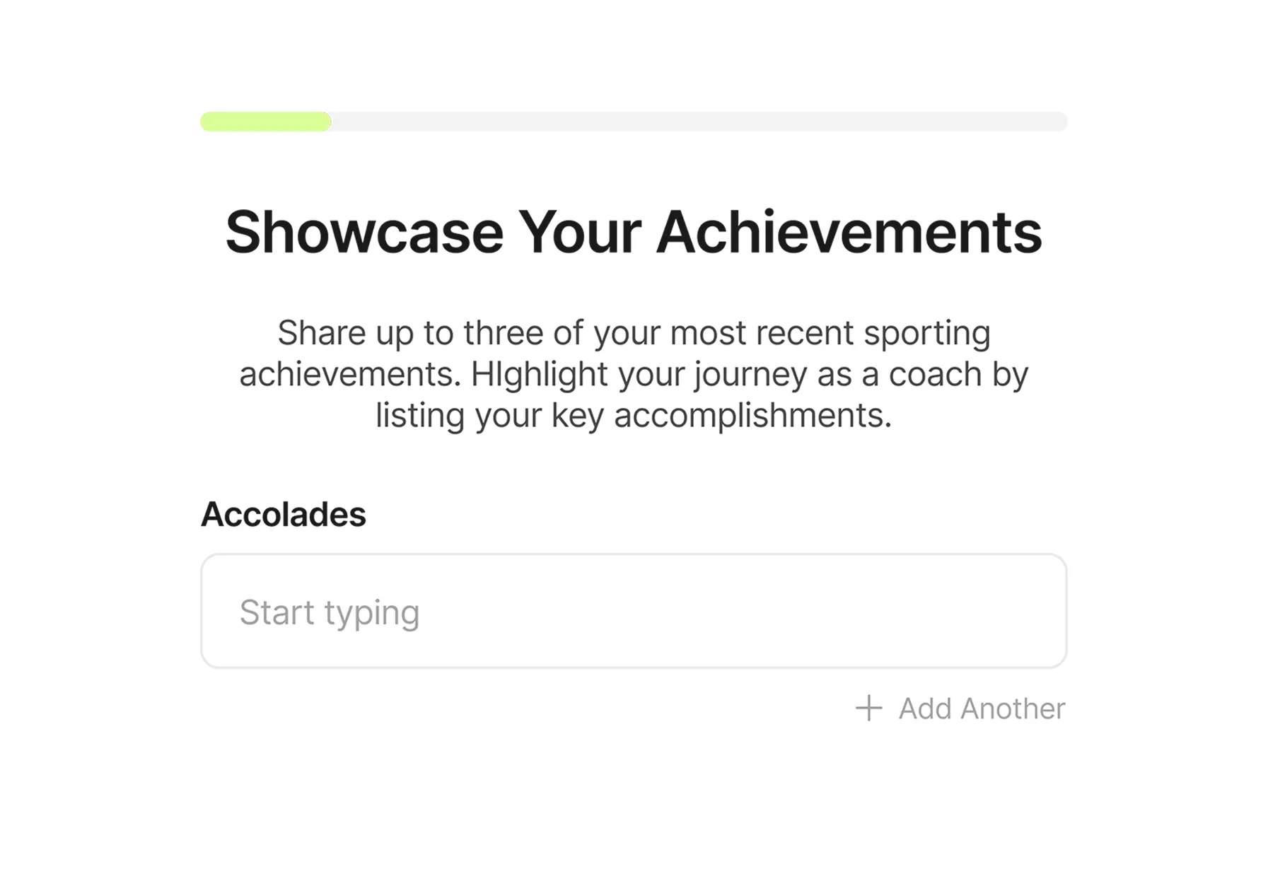 Form section titled 'Showcase Your Achievements' with a prompt to share up to three recent sporting achievements and a text box for entering accolades.
