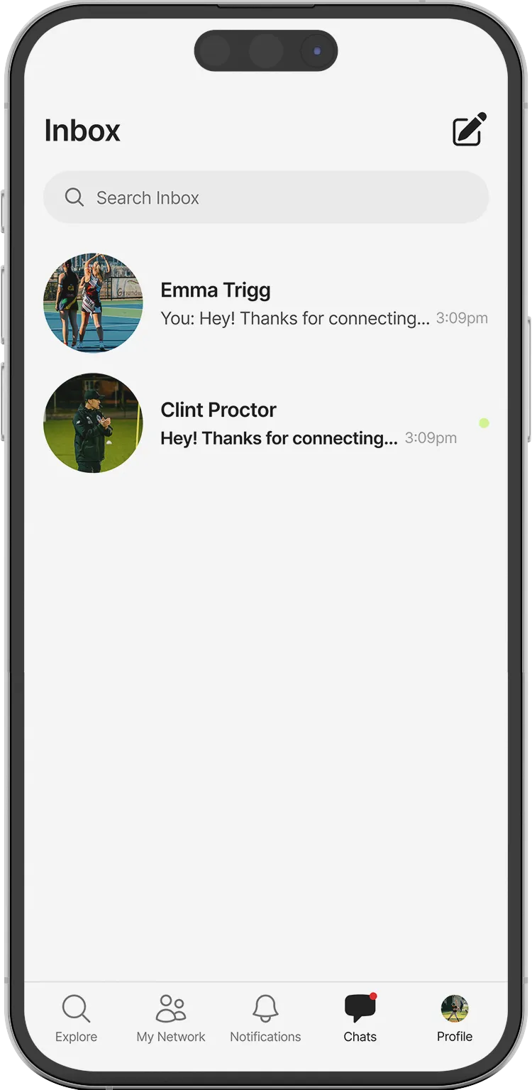 Smartphone screen showing an inbox with two chat messages from Emma Trigg and Clint Proctor, including a search bar and navigation icons at the bottom.