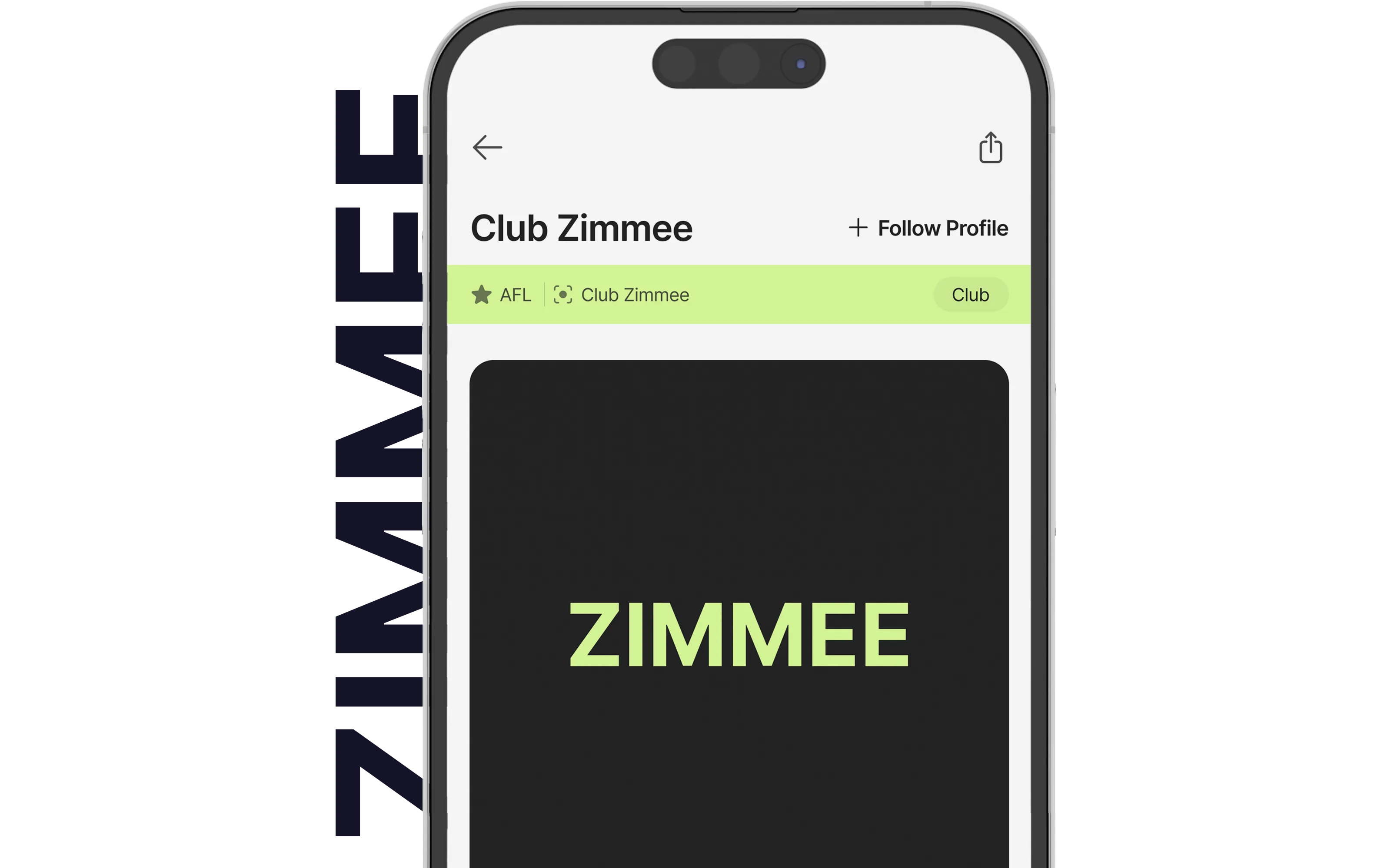 Smartphone screen displaying a club profile named Club Zimmee with a dark square featuring the word ZIMMEE in light green capital letters.