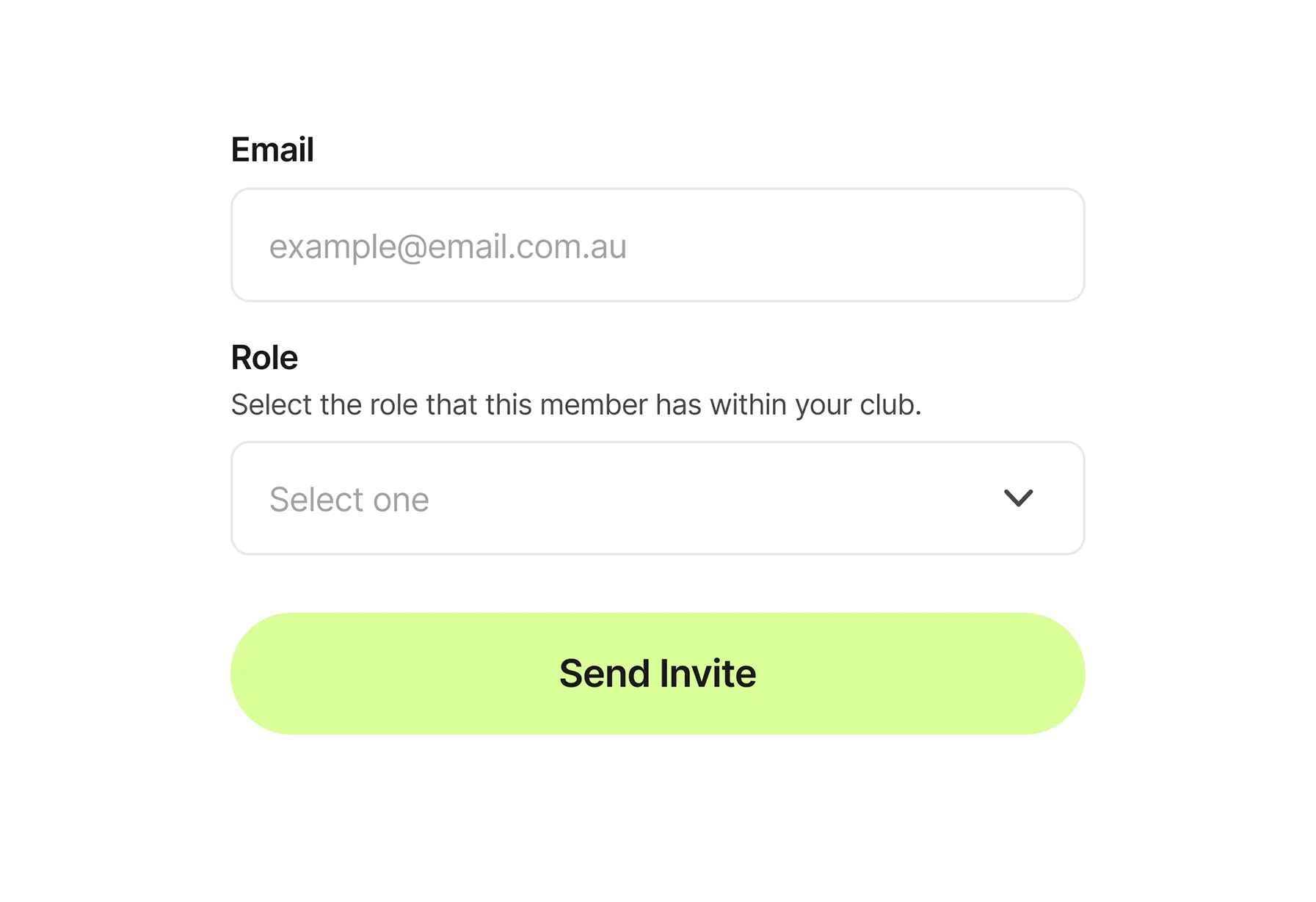 Form fields for entering email and selecting member role with a green 'Send Invite' button.