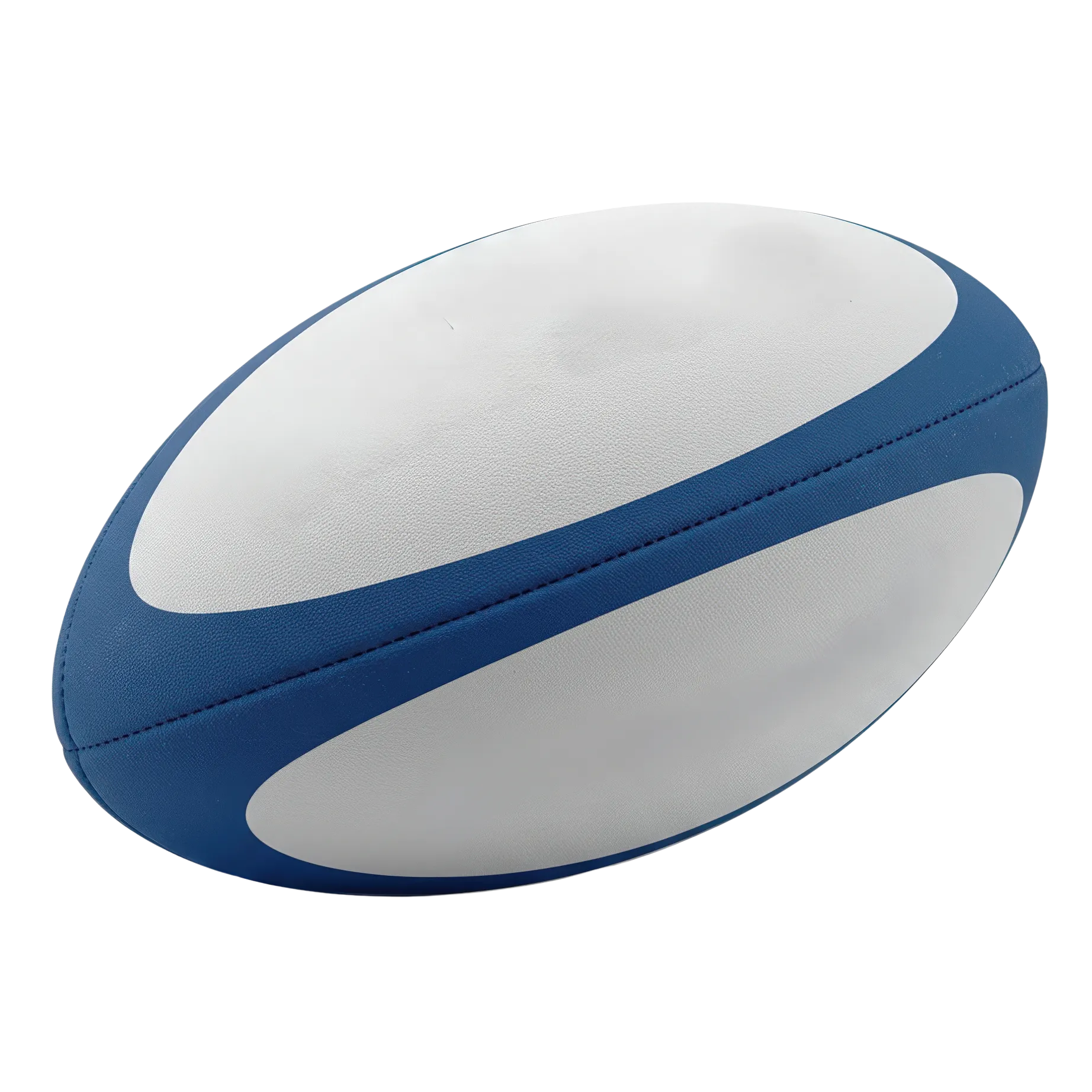 White and blue rugby ball with a textured surface.