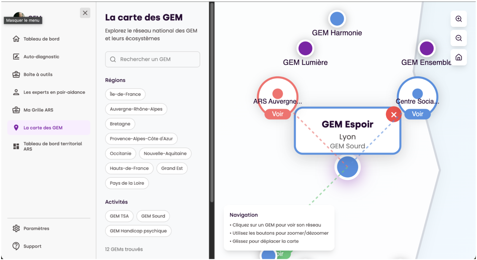 Carte interactive du réseau national des GEM