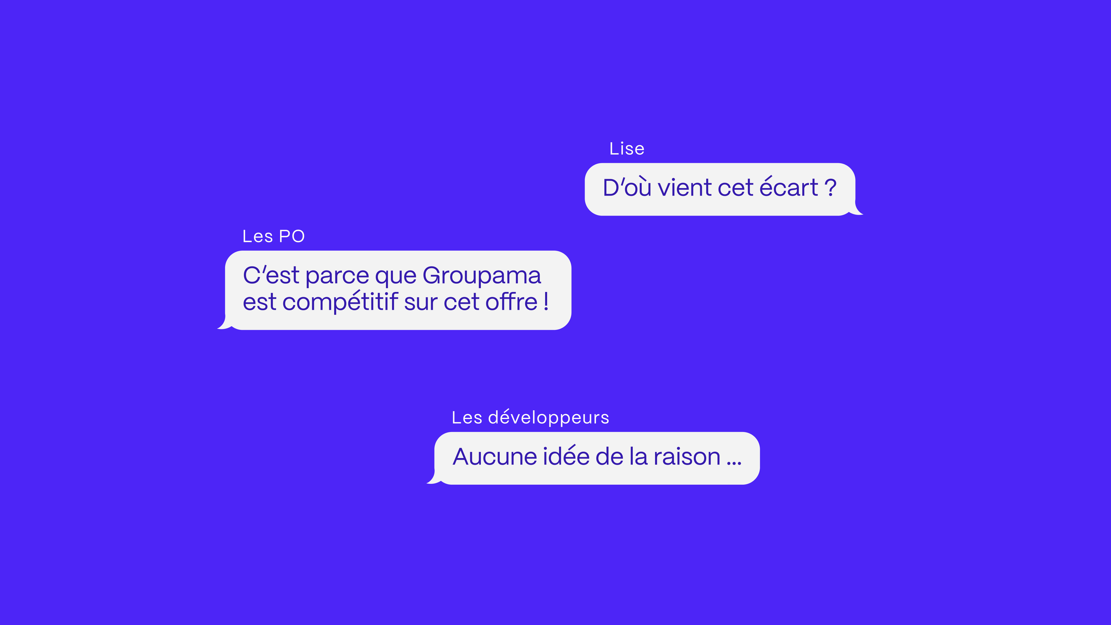 Échange sur fond violet entre Lise, les Product Owners et les développeurs sur l'origine d'un écart de tarif