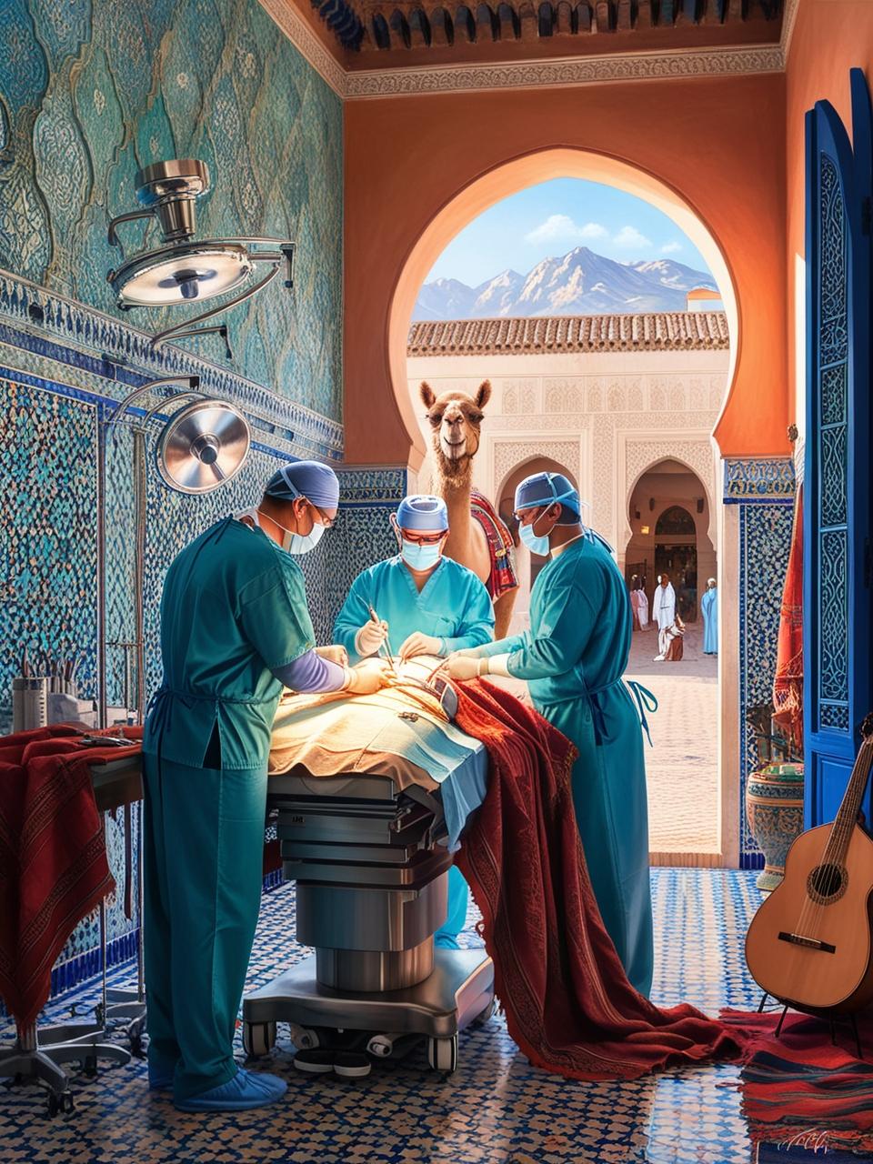 Three masked surgeons performing an operation inside a richly tiled room with a Moroccan archway view of a courtyard and a camel.