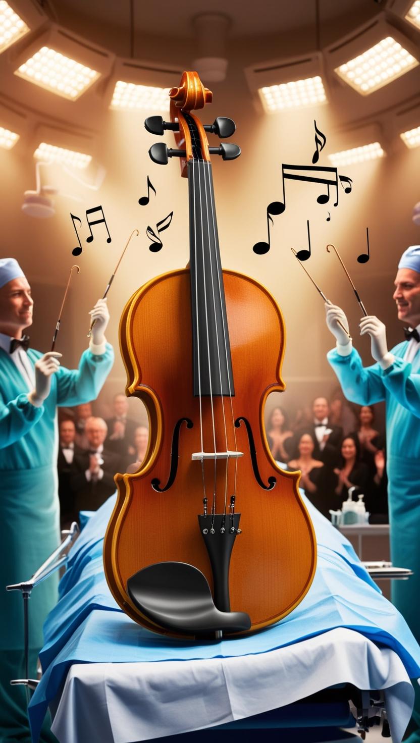 Stylized image of a large violin resting on an operating table in an operating room, while two surgeons in scrubs act as conductors holding surgical instruments like batons. An audience in formal wear applauds in the background.