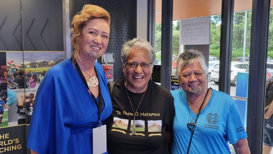Ongare Trustee Aunty Pua and Auty Kura with Te Matatini MC and Ngāti Whātua Ōrākei uri Precious Clark at Te Matatini 2023