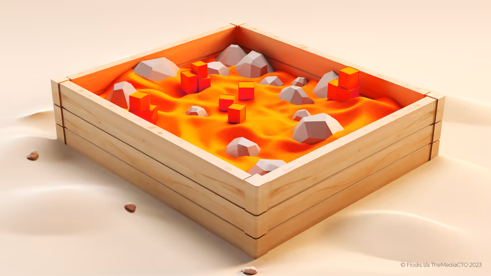 A sandbox with objects of different dimensions.