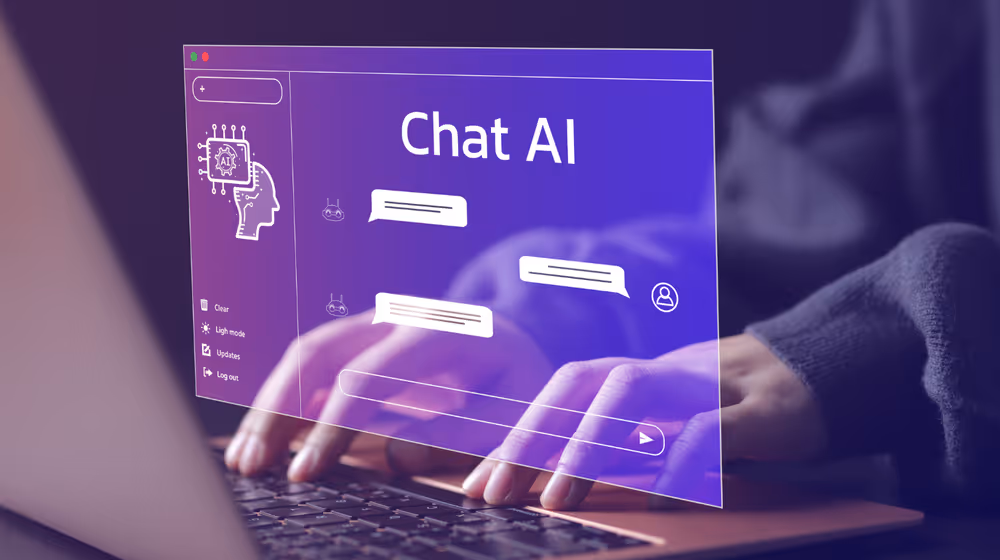 A person's hands typing on a laptop keyboard with an on-screen display featuring a Chat AI interface. The screen shows a cartoon brain with circuit patterns, representing AI, and speech bubbles indicating ongoing conversations. The interface has options such as 'Clear,' 'Light mode,' 'Updates,' and 'Log out.' The design is modern with a purple theme, suggesting a sophisticated chatbot or AI service in use.