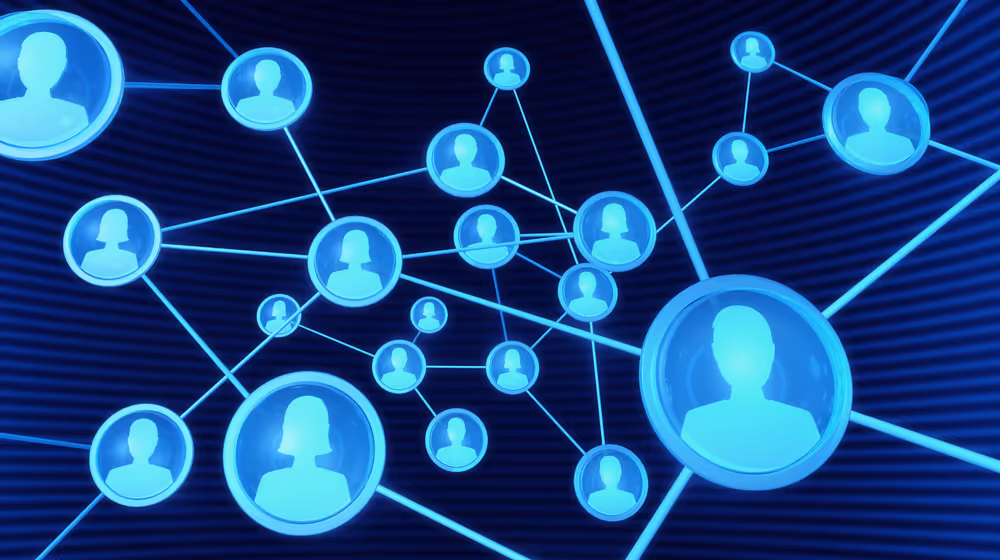 Digital illustration of a network depicting an AI-driven participant engagement engine. The image features interconnected avatar icons within circles, glowing in blue against a dark background, representing the concept of an AI system profiling and engaging with event participants. The lines between the avatars signify communication pathways, suggesting a sophisticated system designed to optimize engagement through artificial intelligence.